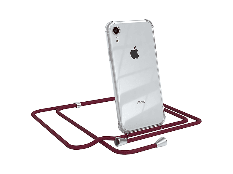 EAZY CASE Clear Cover mit Umhängeband, Umhängetasche, Apple, iPhone XR, Bordeaux Rot / Clips Silber
