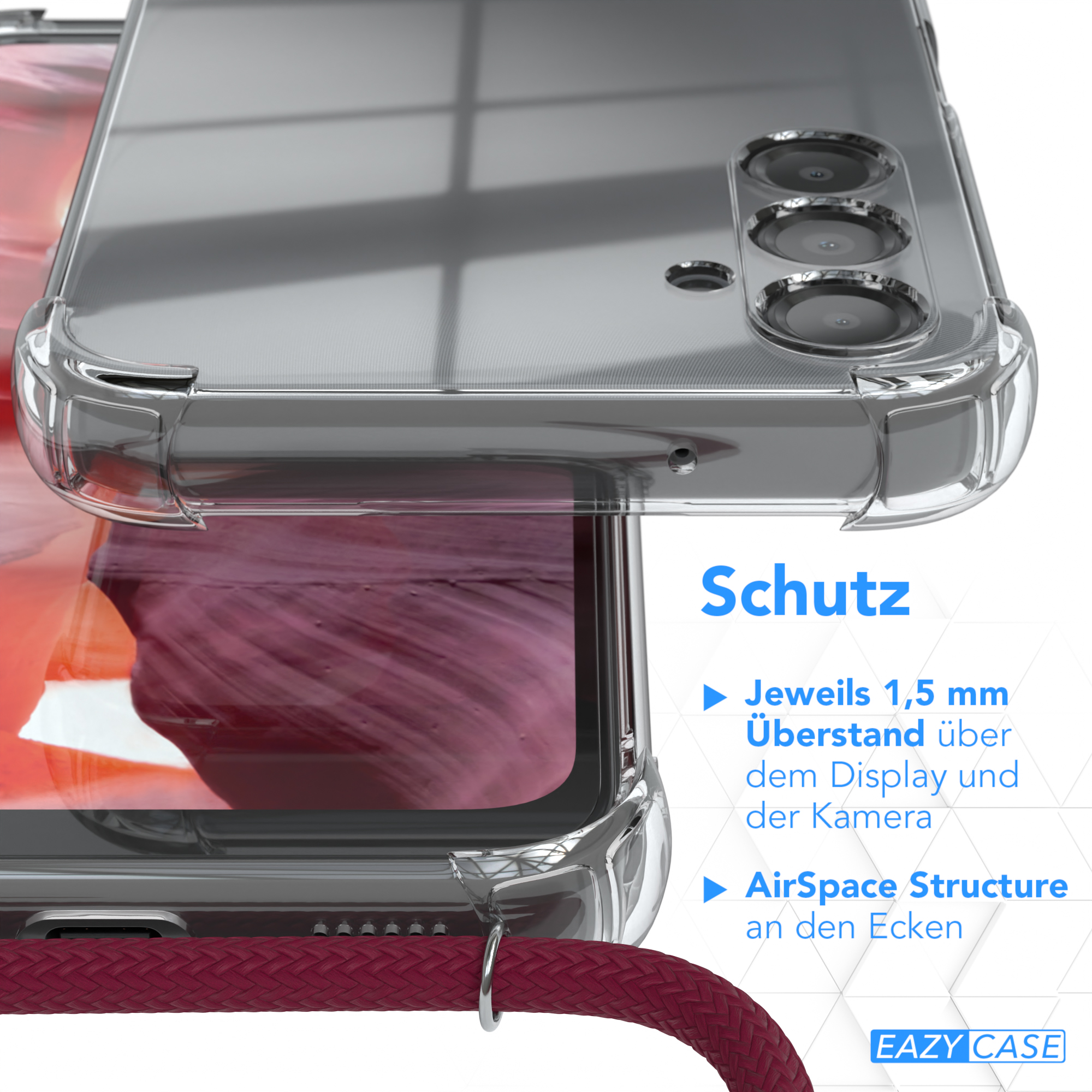 Eine Handyhülle mit rotem Riemen, mit Text über Schutzfunktionen.