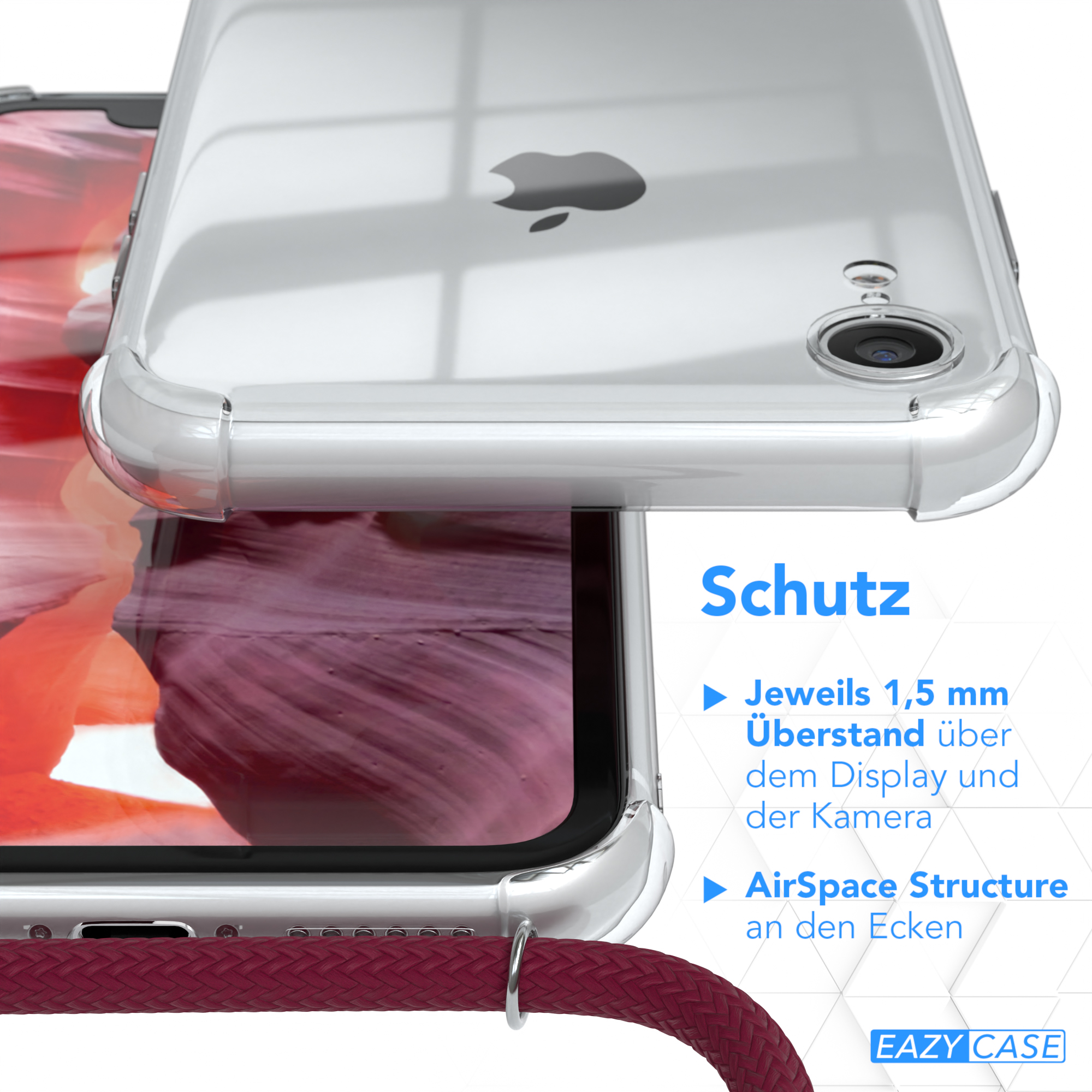 XR, Apple, Rot / Clips Silber Cover Umhängetasche, mit Umhängeband, CASE EAZY iPhone Bordeaux Clear