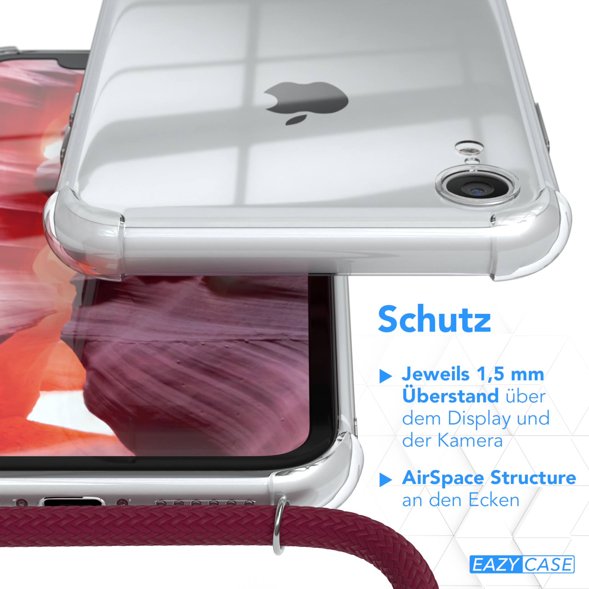 Transparente Handyhülle über Stadtkulisse, mit weinrotem Telefonband und Text.