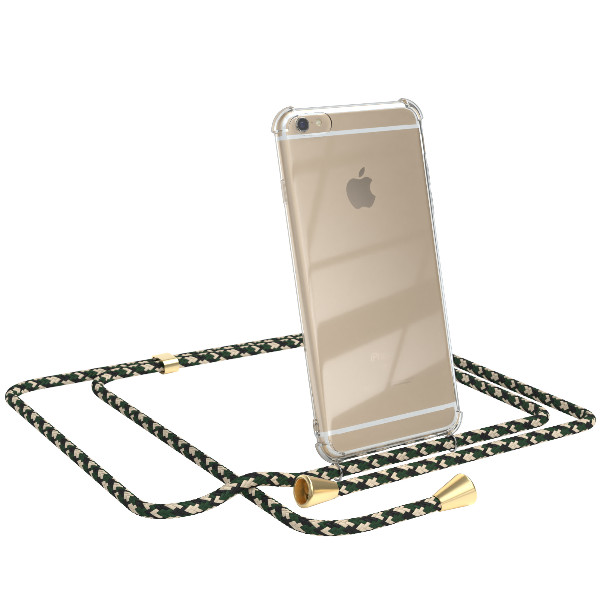 iPhone in klarer Hülle mit grün-schwarzem Riemen.