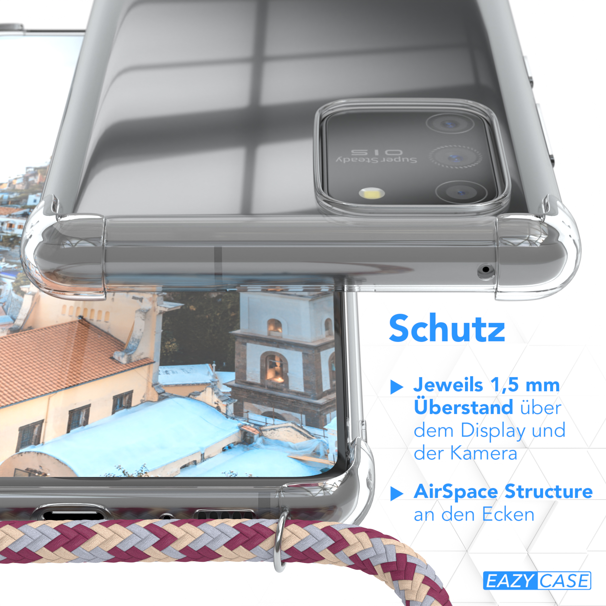 Eine transparente Handyhülle mit Telefon, zeigt eine Stadtlandschaft und Text über Schutz.