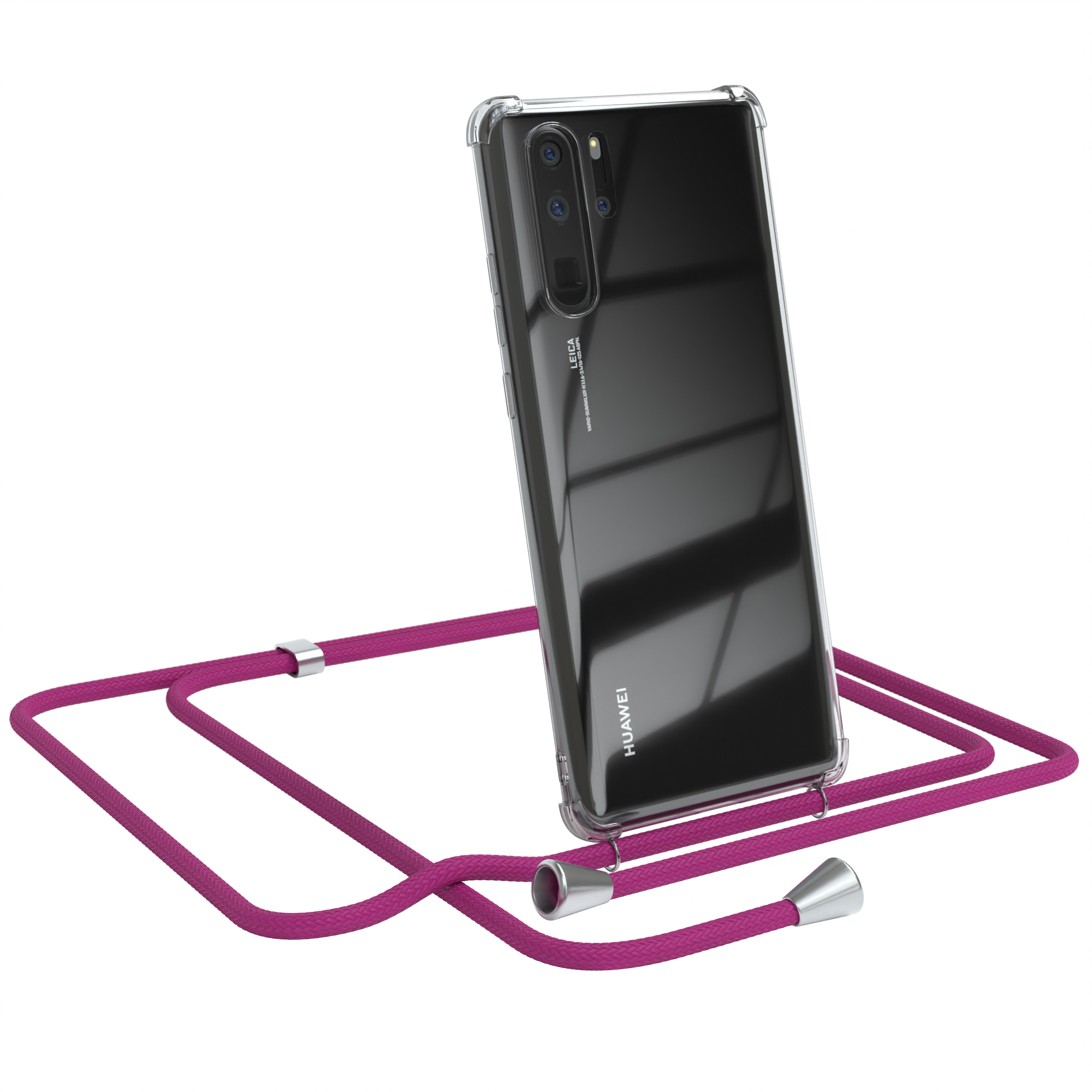 Telefon in klarer Hülle mit rosa Umhängeband. Telefon geneigt, Kameras zeigend. Weißer Hintergrund.