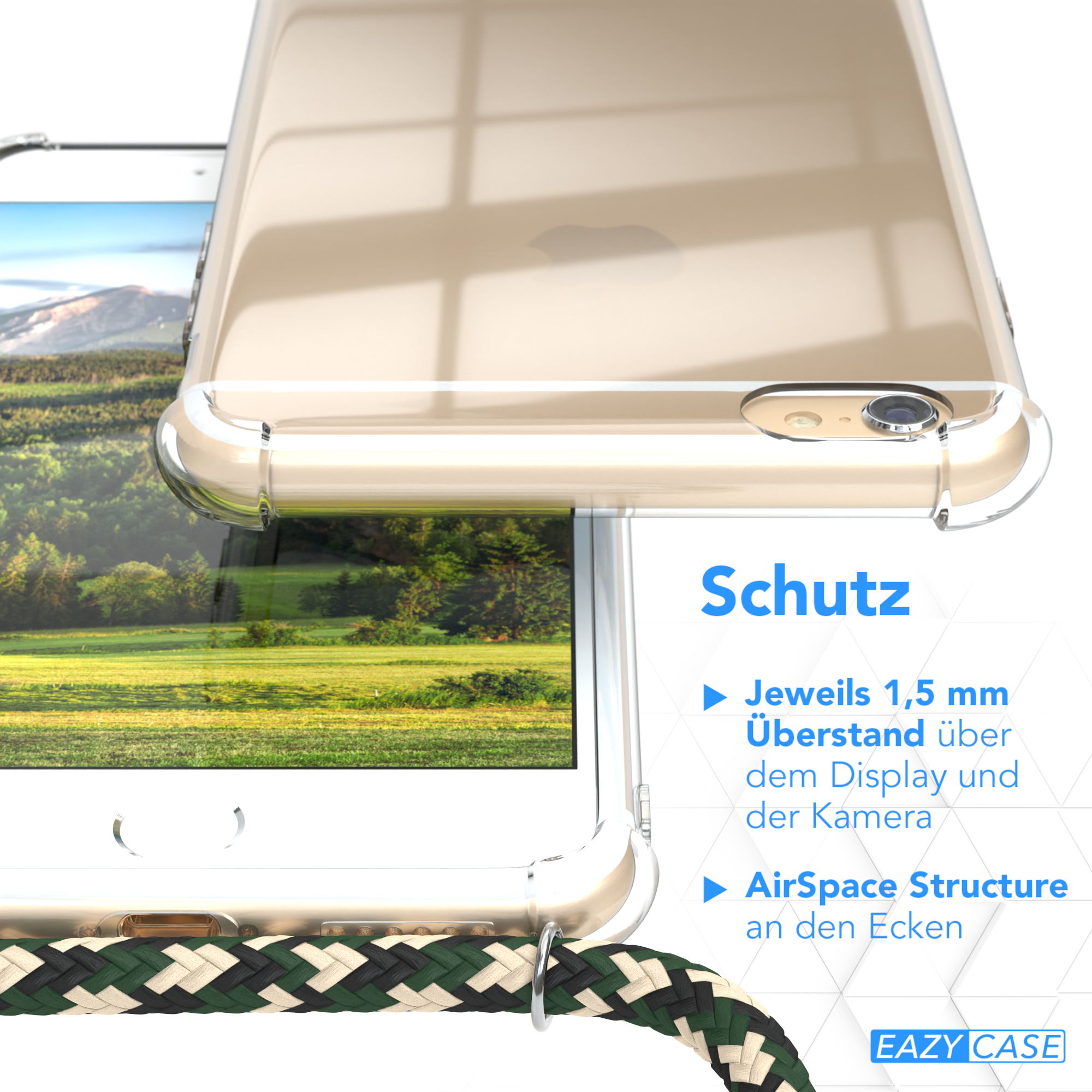 Nahaufnahme einer Handyhülle. Zeigt den Rand mit AirSpace Structure, klares Design und Riemen.