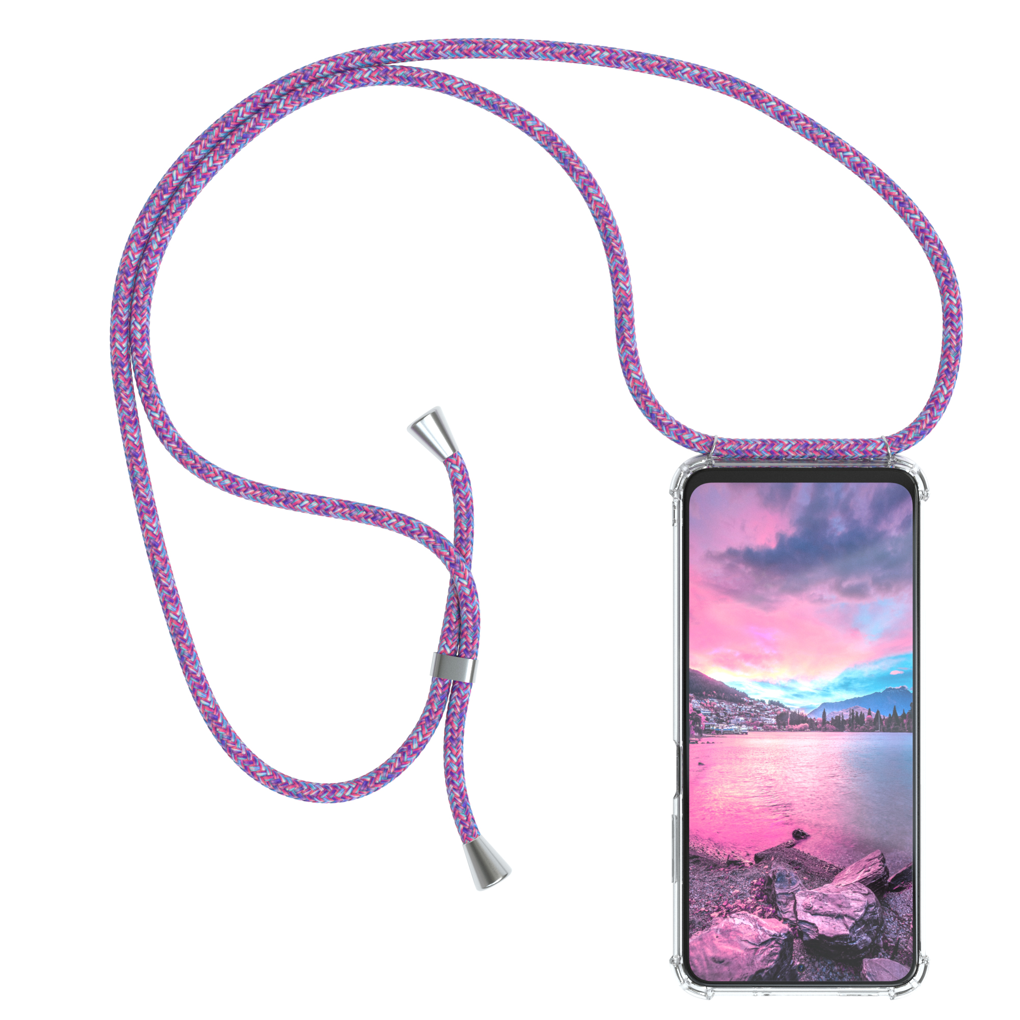 Telefon mit lila Band. Transparente Hülle. Landschaftsbild auf dem Bildschirm.