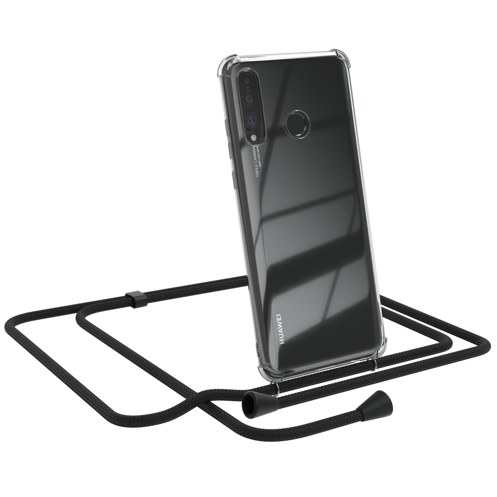 Schwarze Handyhülle mit schwarzem Seil. Huawei-Telefon. Isoliert auf weißem Hintergrund.