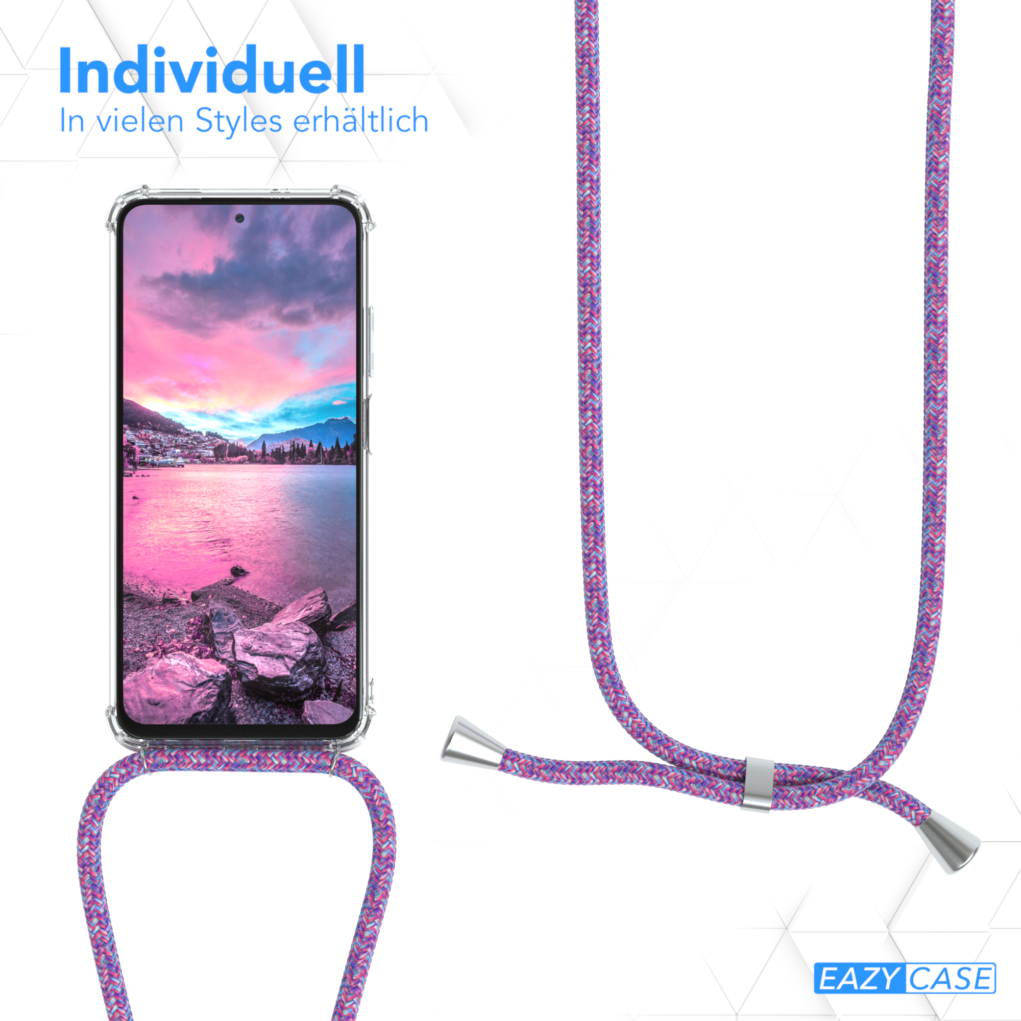 Telefon mit Umhängeband, Nahaufnahme, lila und silberne Akzente.