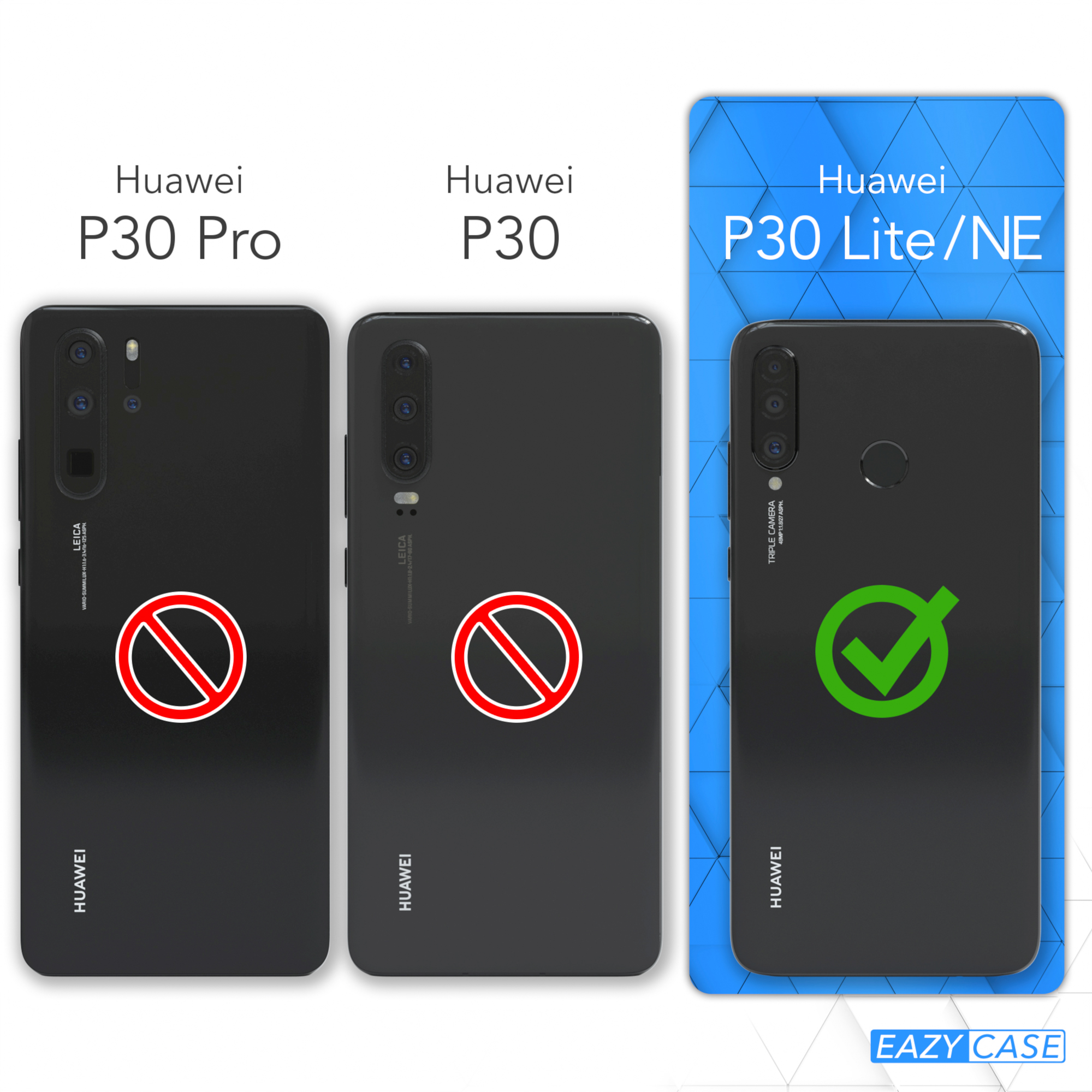 Drei schwarze Telefone mit Verbotsschildern und das P30 Lite/NE mit einem grünen Häkchen.
