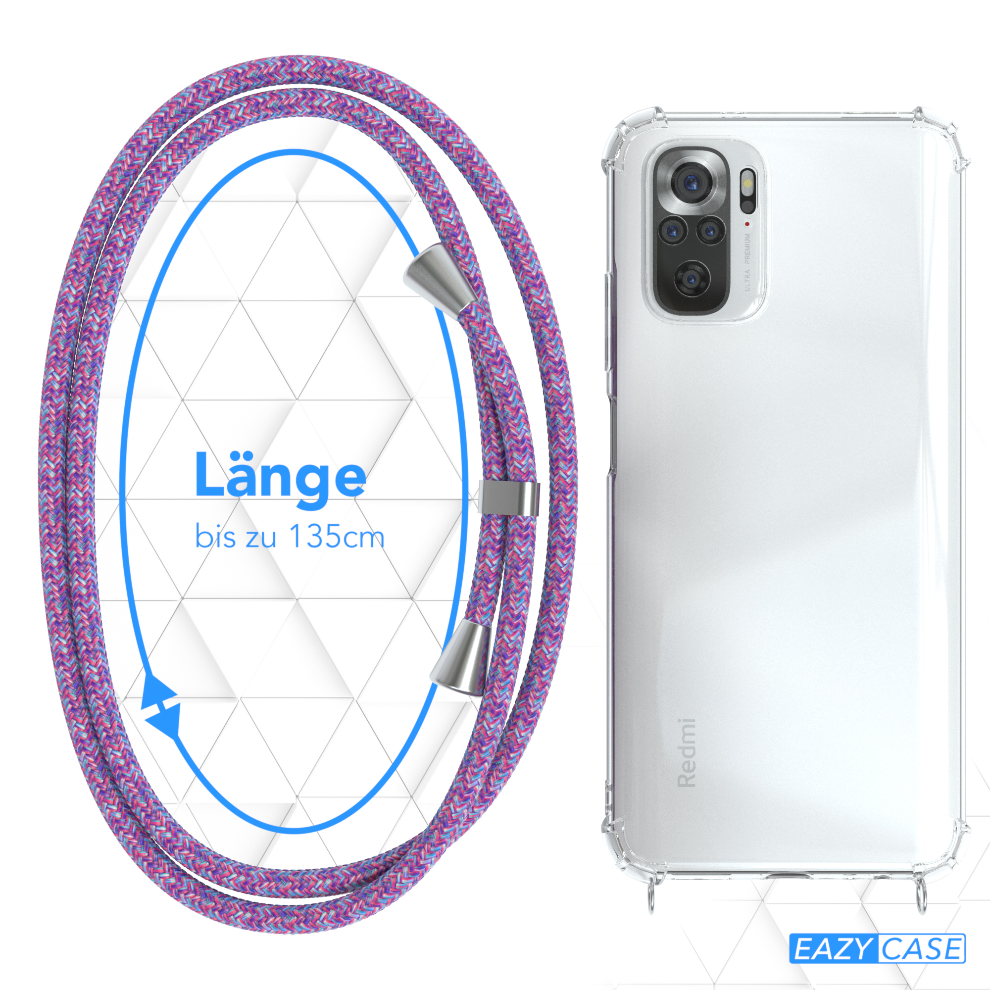 Lila Lanyard und transparente Handyhülle. Zeigt die Länge: bis zu 135 cm. Transparente Hülle rechts.