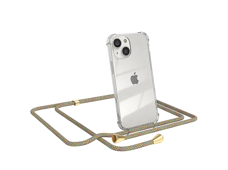 EAZY CASE Clear Cover mit Umhängeband, Umhängetasche, Apple, iPhone 13 Mini, Bunt / Clips Gold