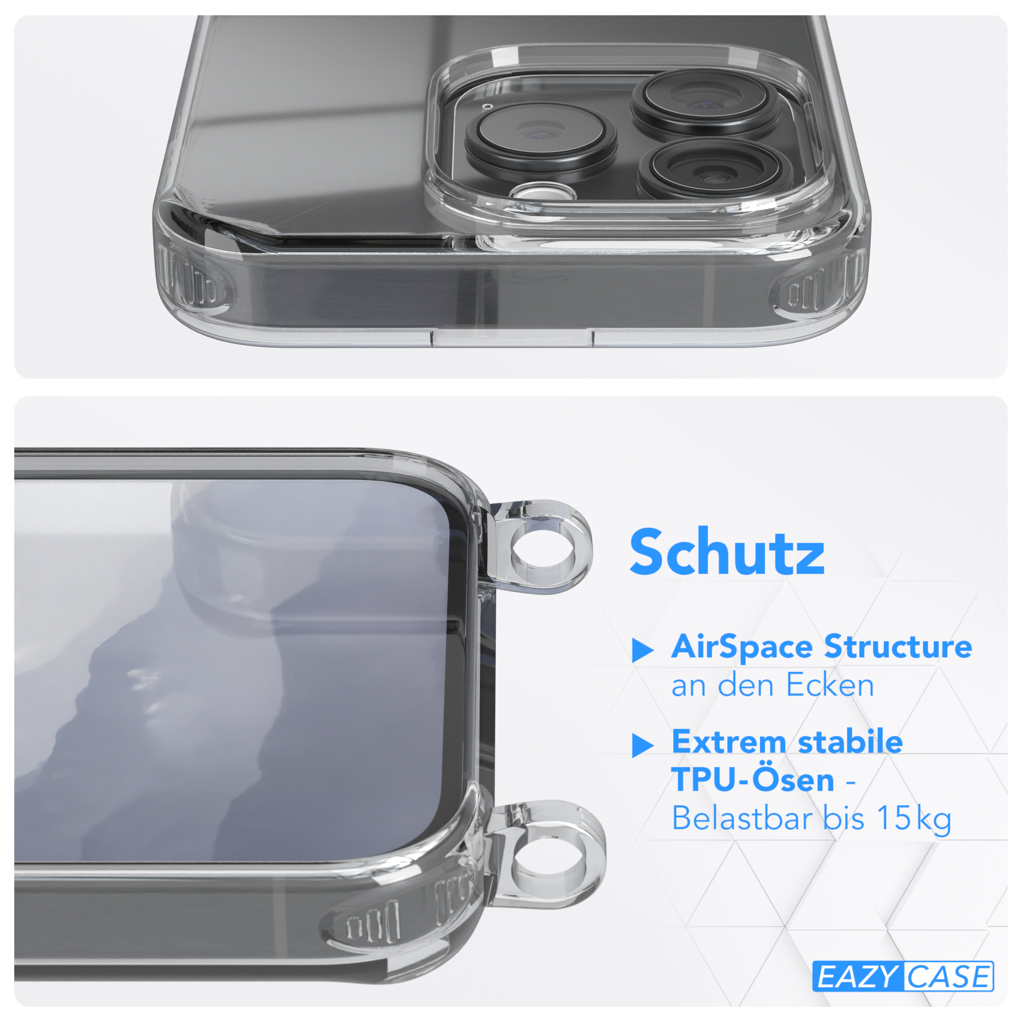 EAZY CASE Clear 15 Umhängeband, Blau iPhone Umhängetasche, Apple, Cover mit Pro