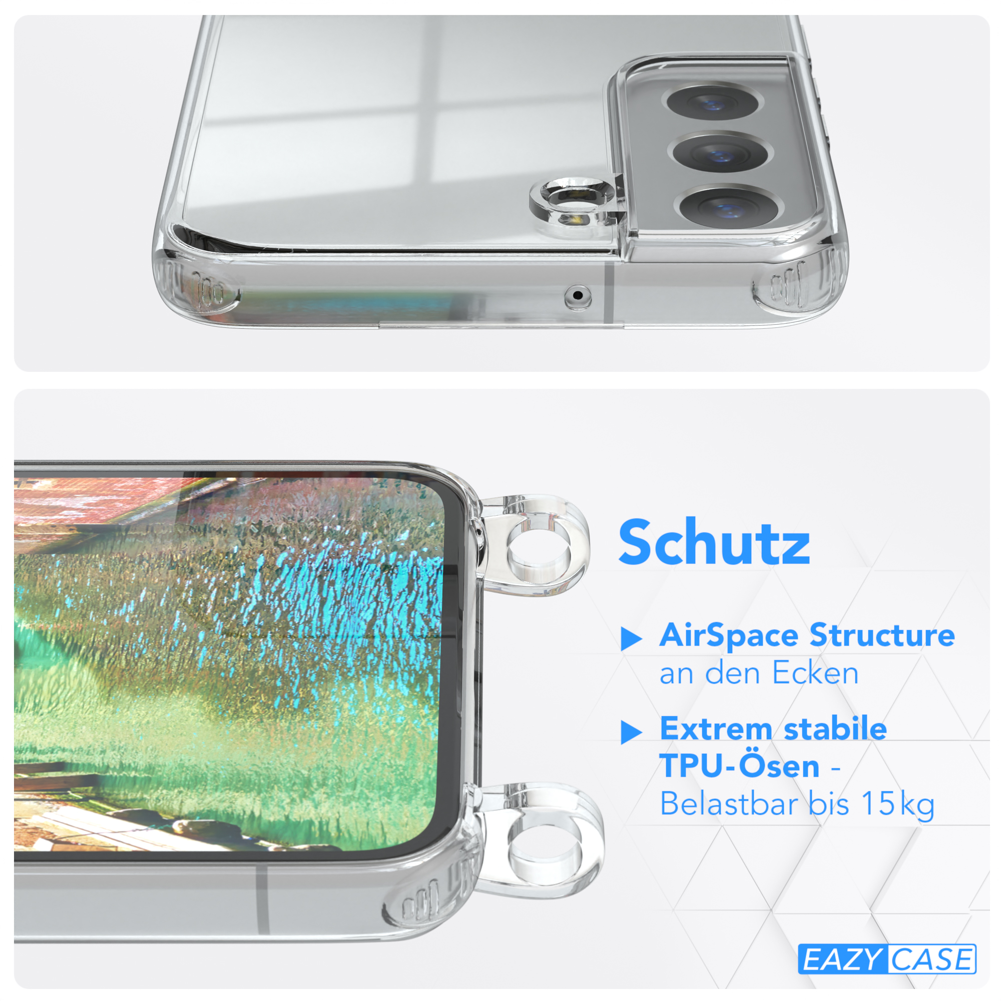Transparente Handyhülle. Text: Schutz. Eigenschaften: AirSpace-Struktur, TPU-Ösen. Im Hintergrund: Nahaufnahme der Handyhülle.