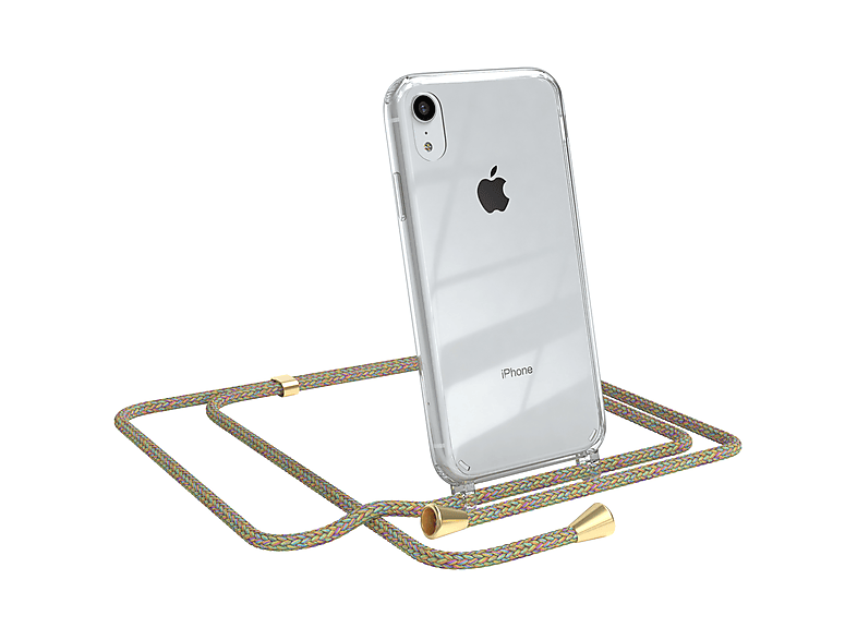 EAZY CASE Clear Cover mit Umhängeband, Umhängetasche, Apple, iPhone XR, Bunt / Clips Gold