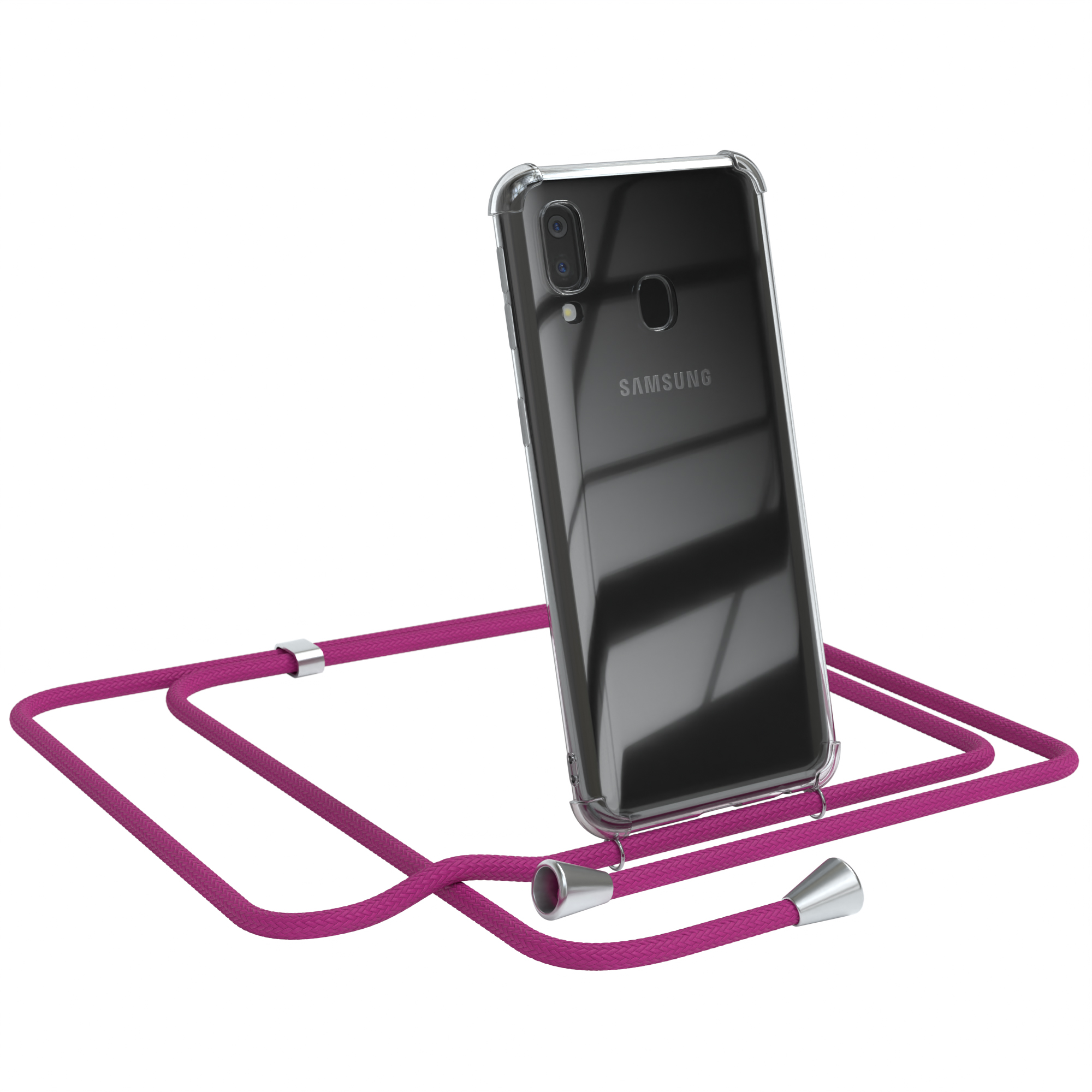 Transparente Handyhülle mit pinkfarbenem Kordel. Samsung-Handy-Rückseite sichtbar. Telefon ist angewinkelt.