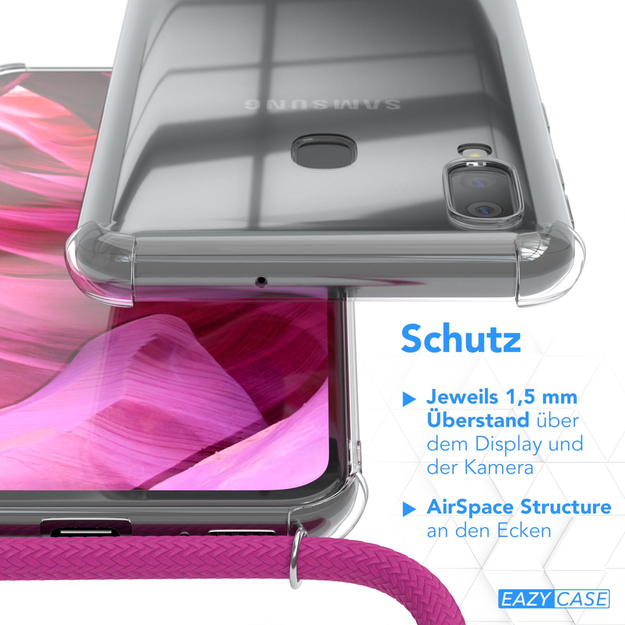 Transparente Handyhülle mit Band. Nahaufnahme, Details zeigen Kanten und Textur.
