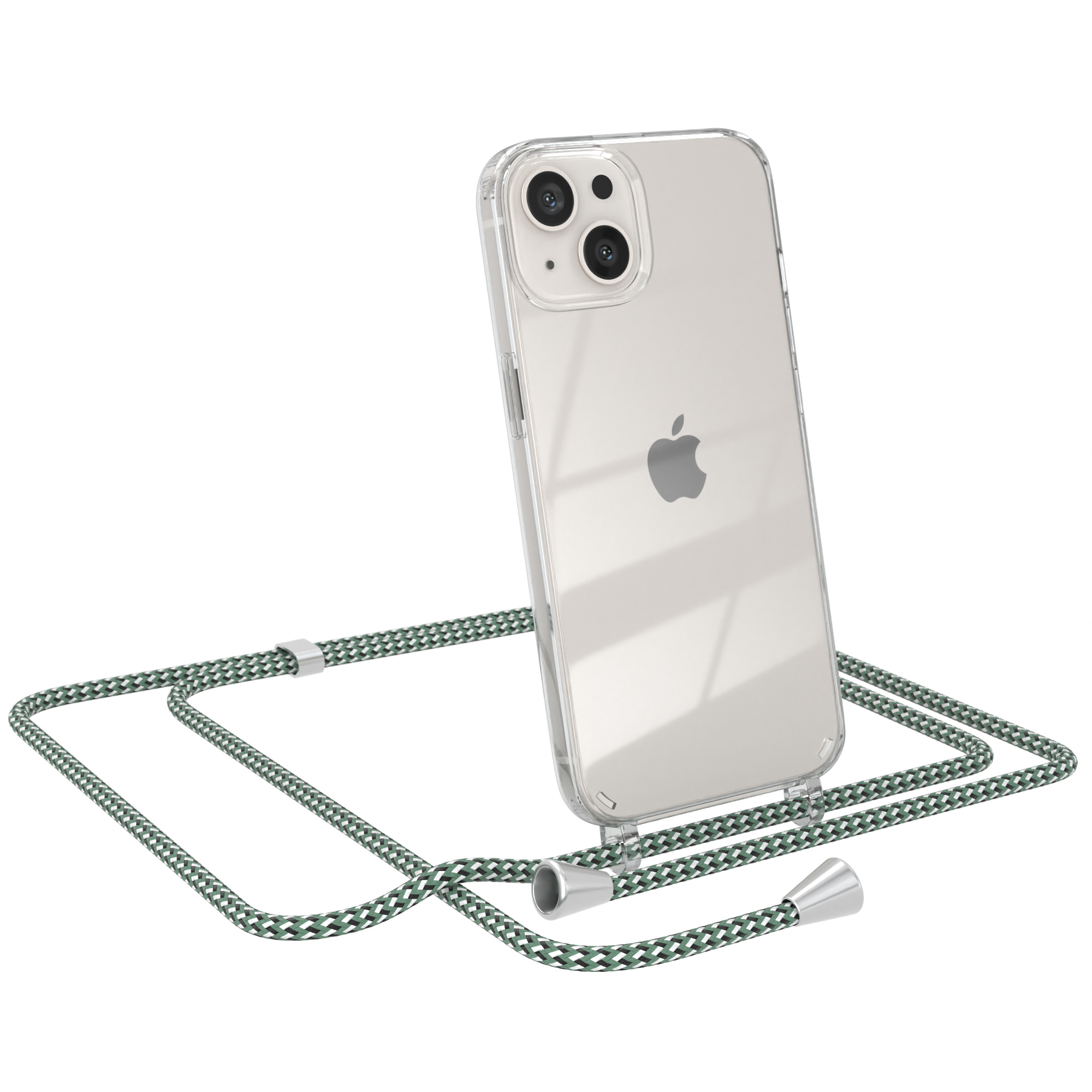 Transparente iPhone-Hülle mit grünem Seil, Telefon schräg. Apple-Logo sichtbar.
