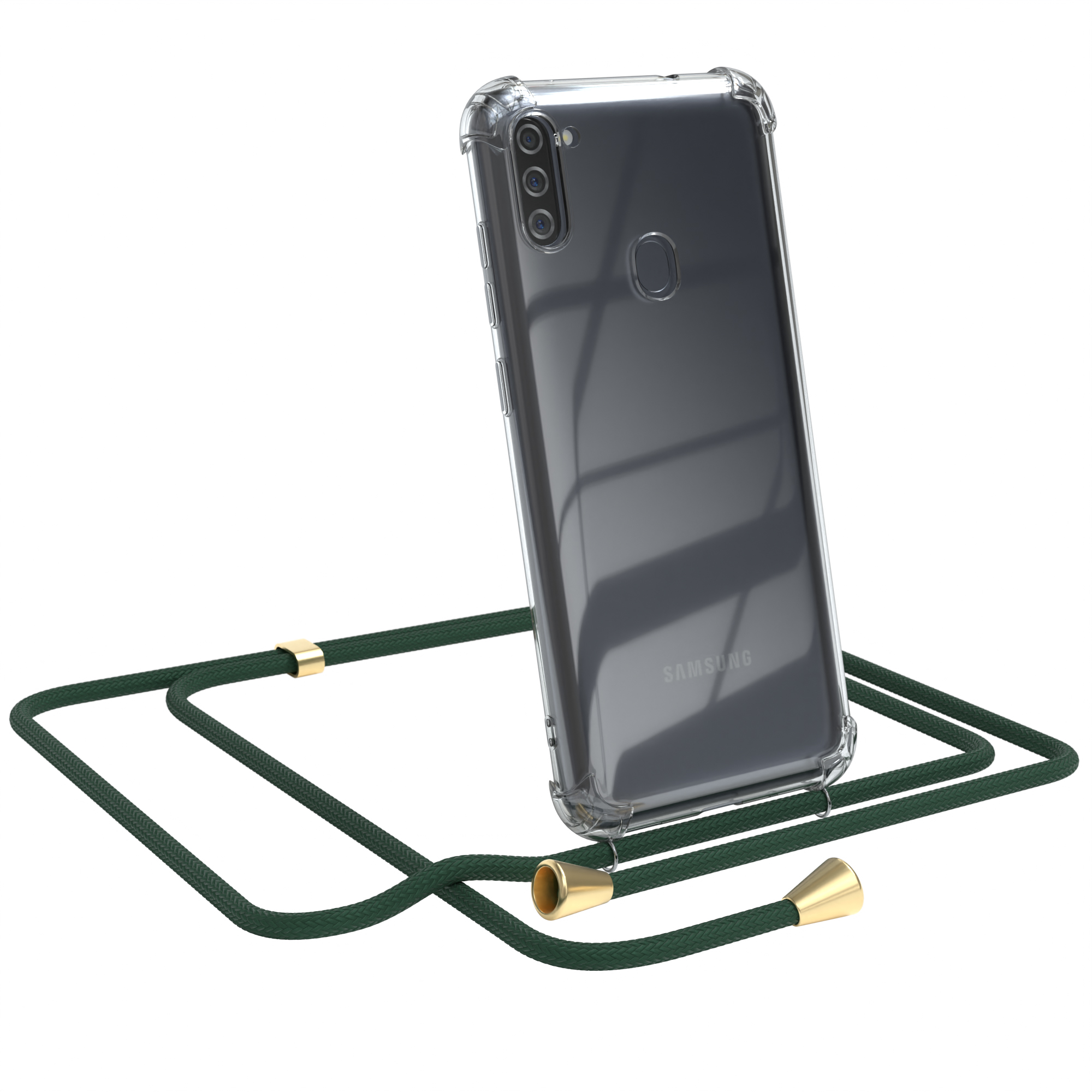 Telefon in klarer Hülle mit grünem Lanyard.