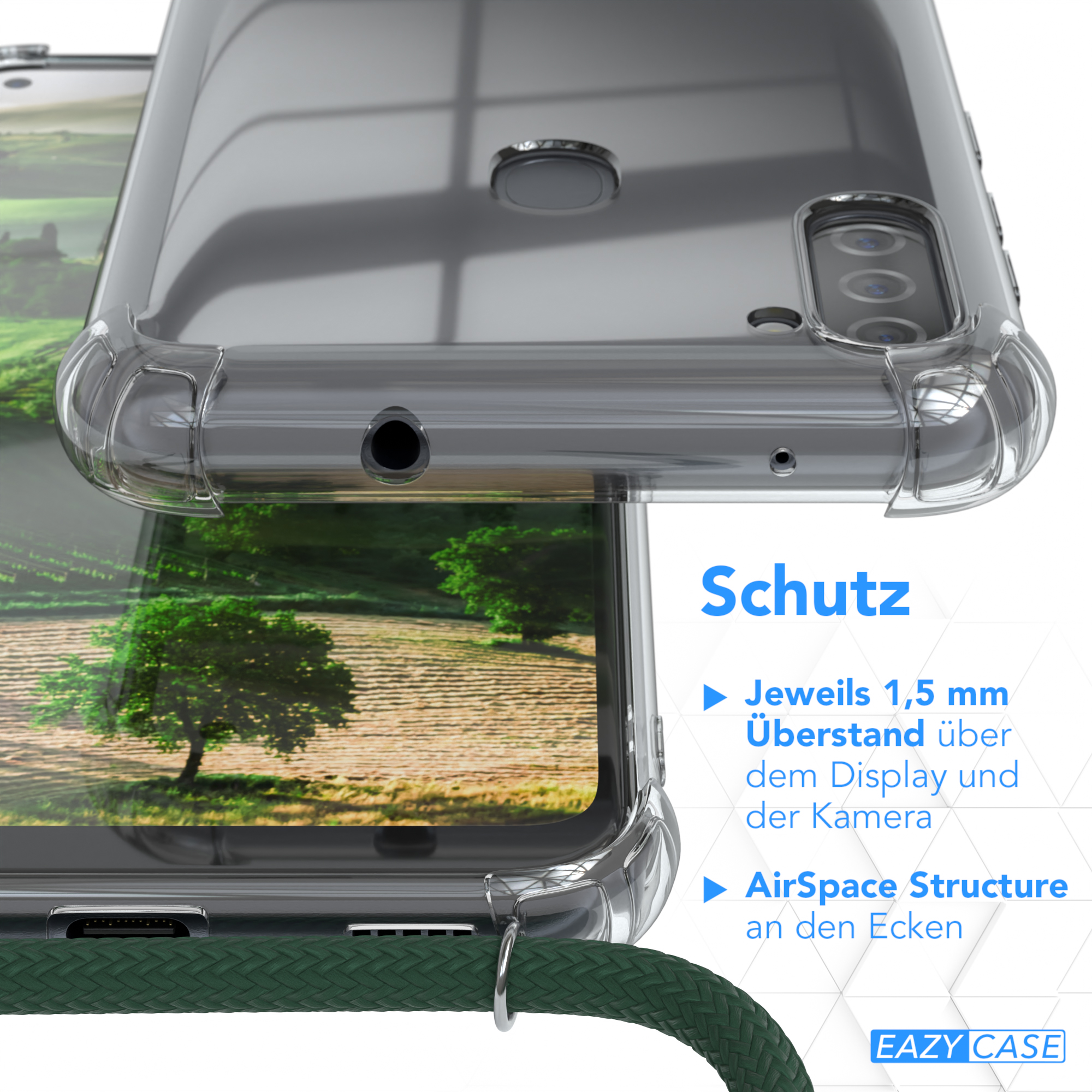 Handyhülle mit Telefon, zeigt Schutzfunktionen. Text: „Schutz“ und Details zum Schutz.