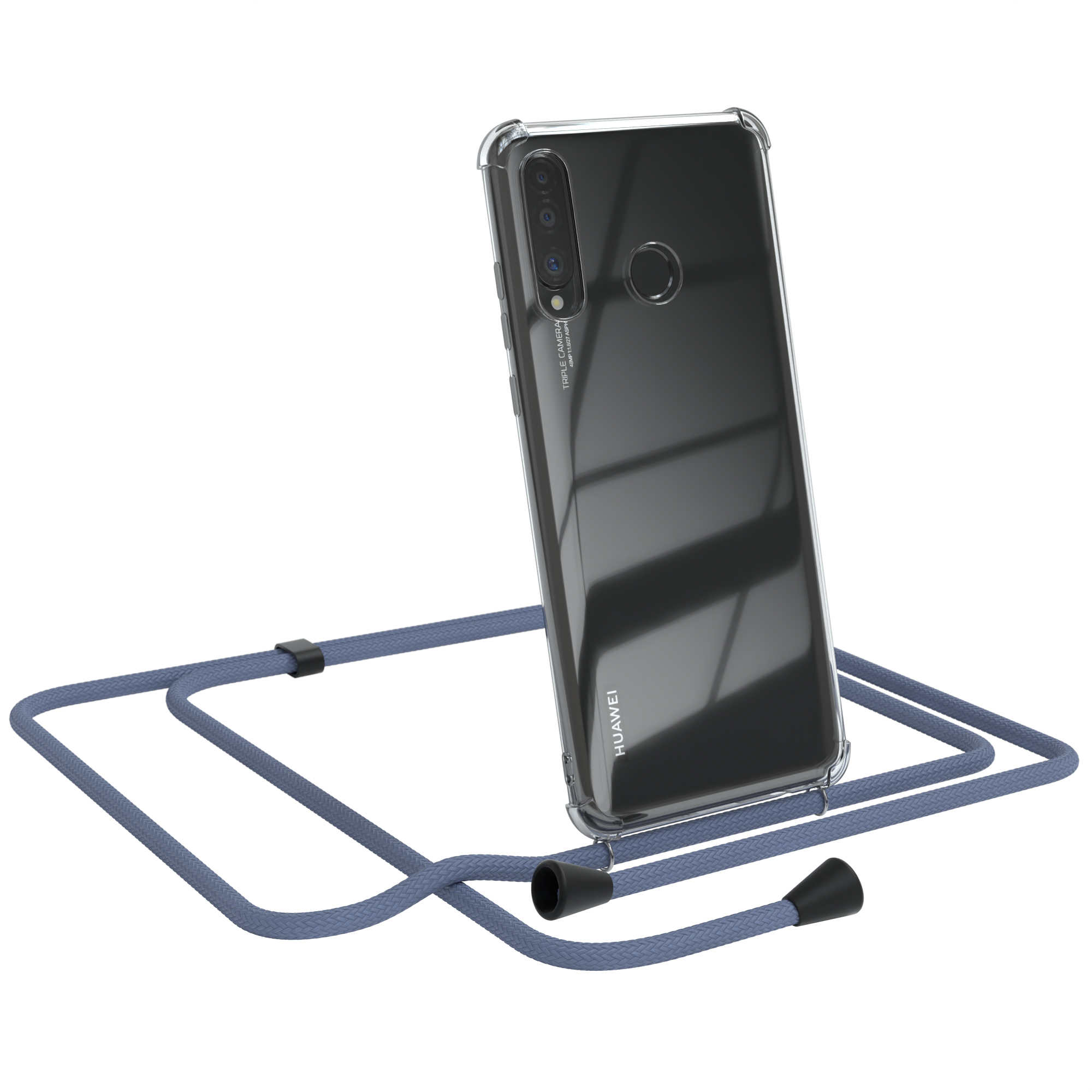 Transparente Handyhülle mit blauem Band. Huawei-Telefon sichtbar. Weißer Hintergrund.