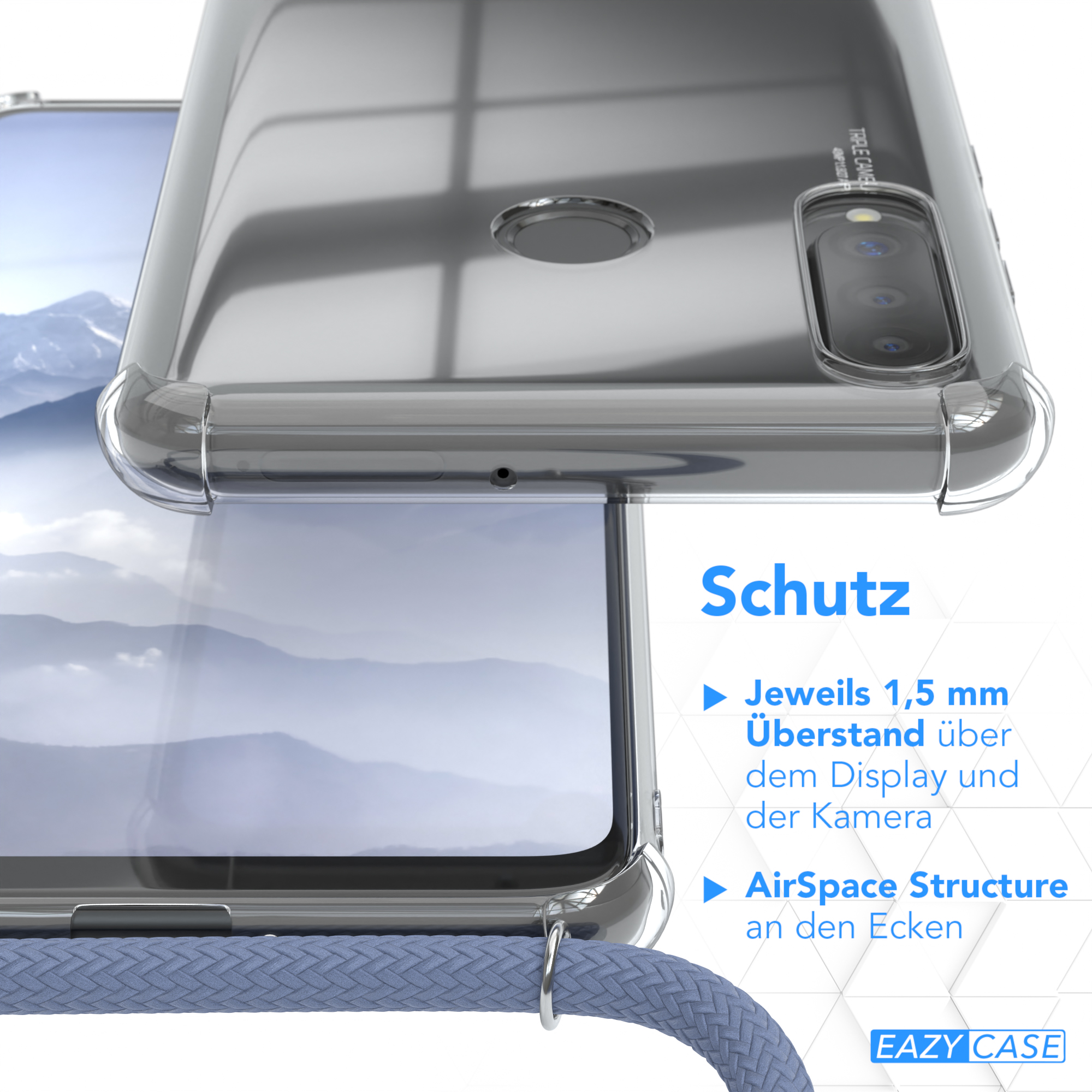 Klare Handyhülle über einem Handy mit unscharfem Hintergrund; Text 'Schutz', Details zu Telefonfunktionen.