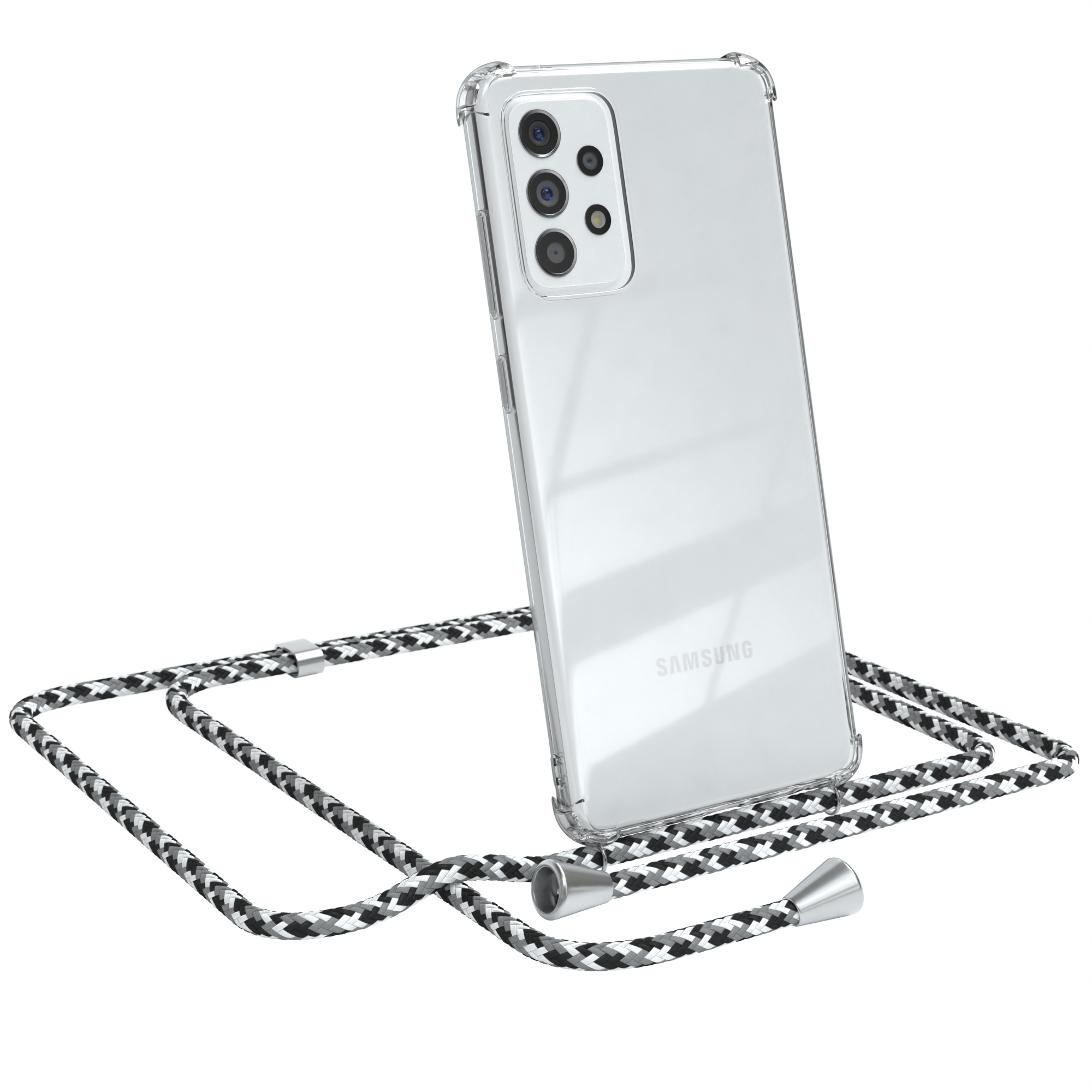 Ein Samsung-Telefon in einer transparenten Hülle mit einem schwarz-weißen geflochtenen Lanyard. Das Lanyard hat silberne Akzente.
