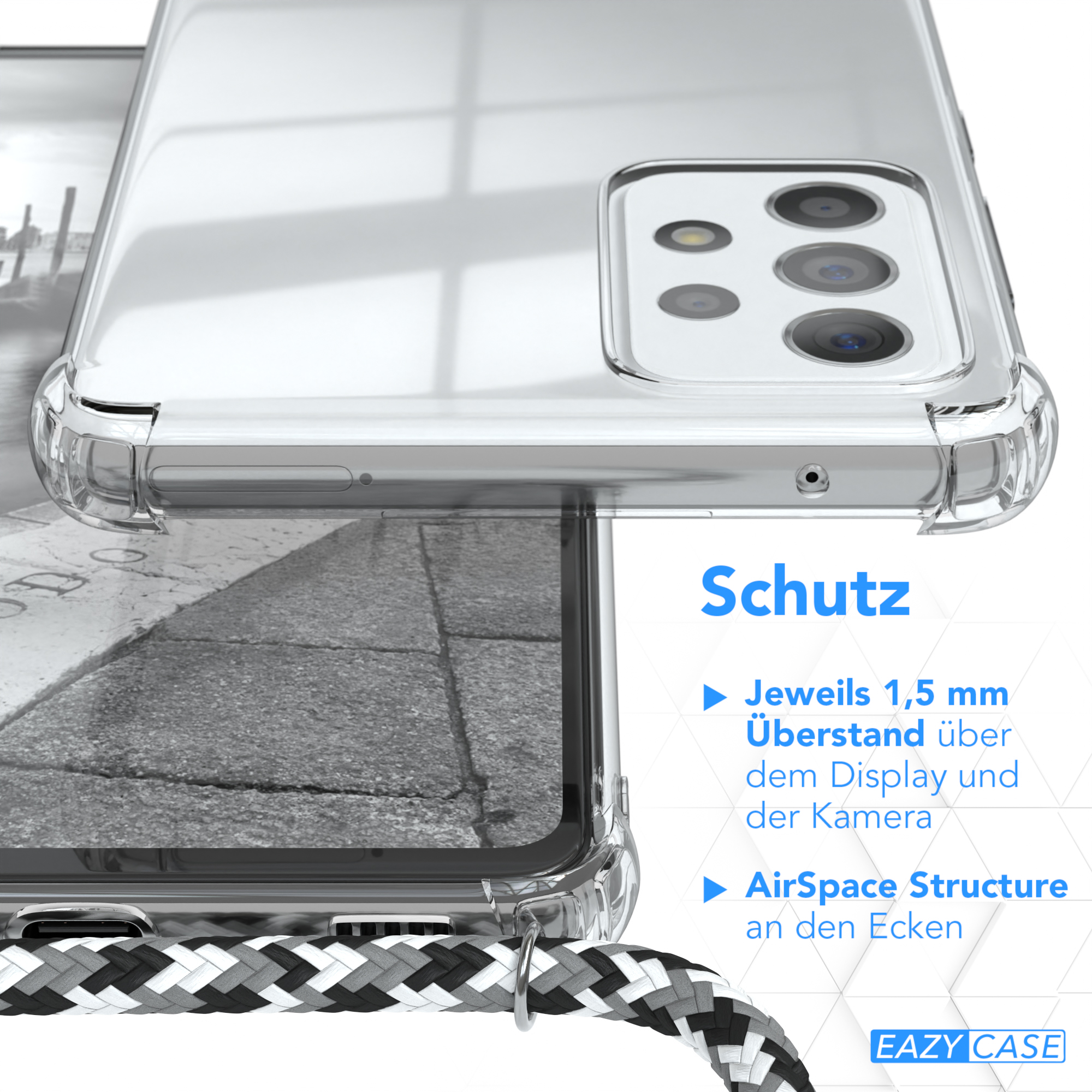 Nahaufnahme der Handyhülle mit Telefon. Text: Schutz. Zeigt Schutzfunktionen oben und unten.