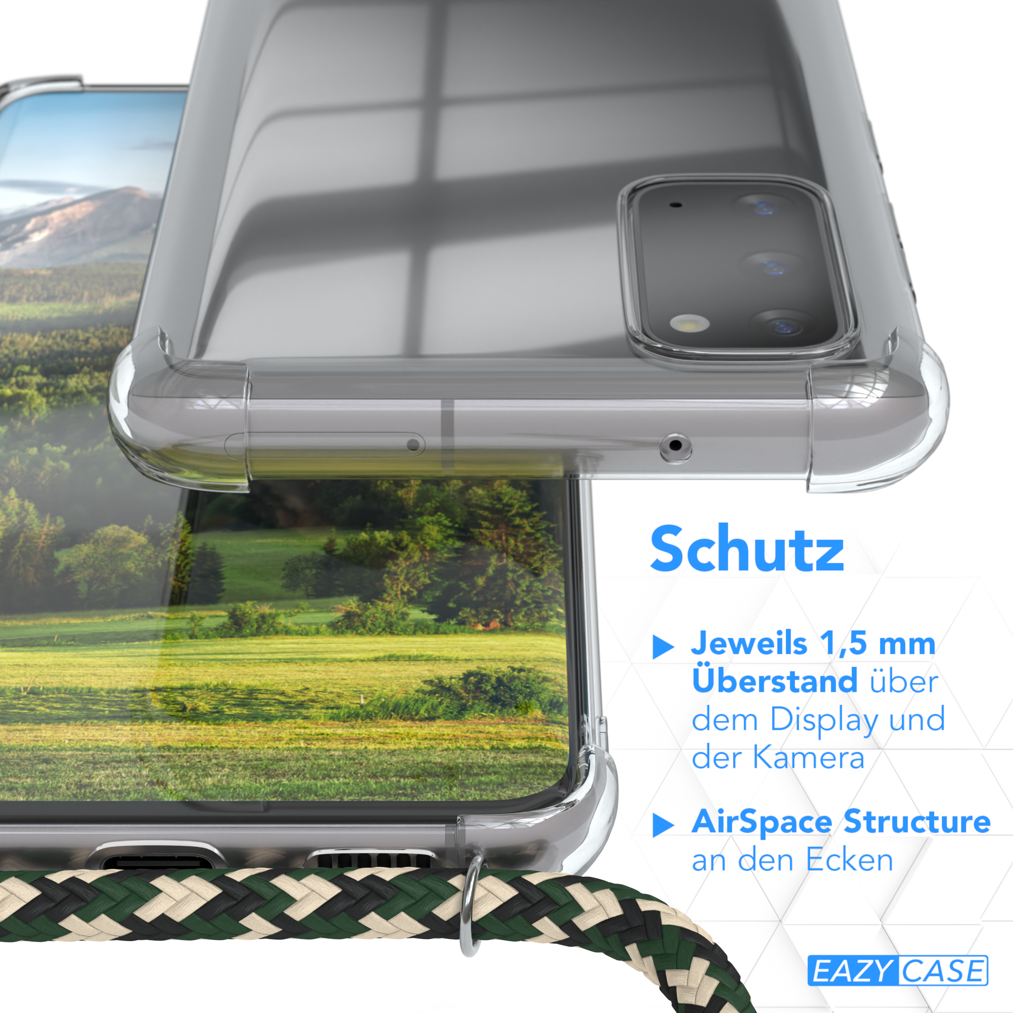S20, CASE Umhängeband, Gold / Samsung, EAZY Galaxy Cover Camouflage mit Umhängetasche, Grün Clips Clear