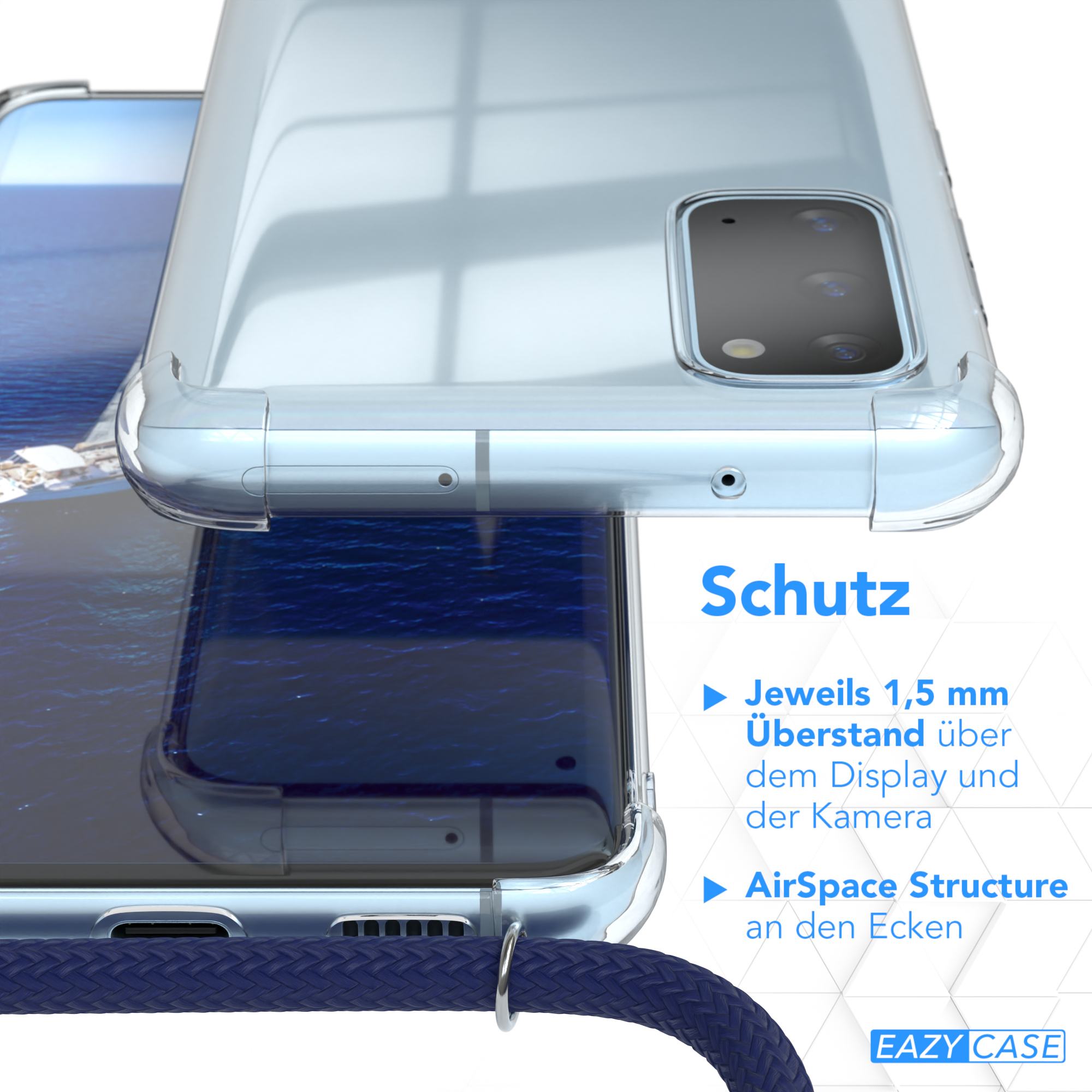 Transparente Handyhülle über Handy, Schutzfunktionen hervorgehoben.