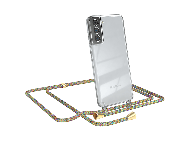 EAZY CASE Clear Cover mit Umhängeband, Umhängetasche, Samsung, Galaxy S21 5G, Bunt / Clips Gold