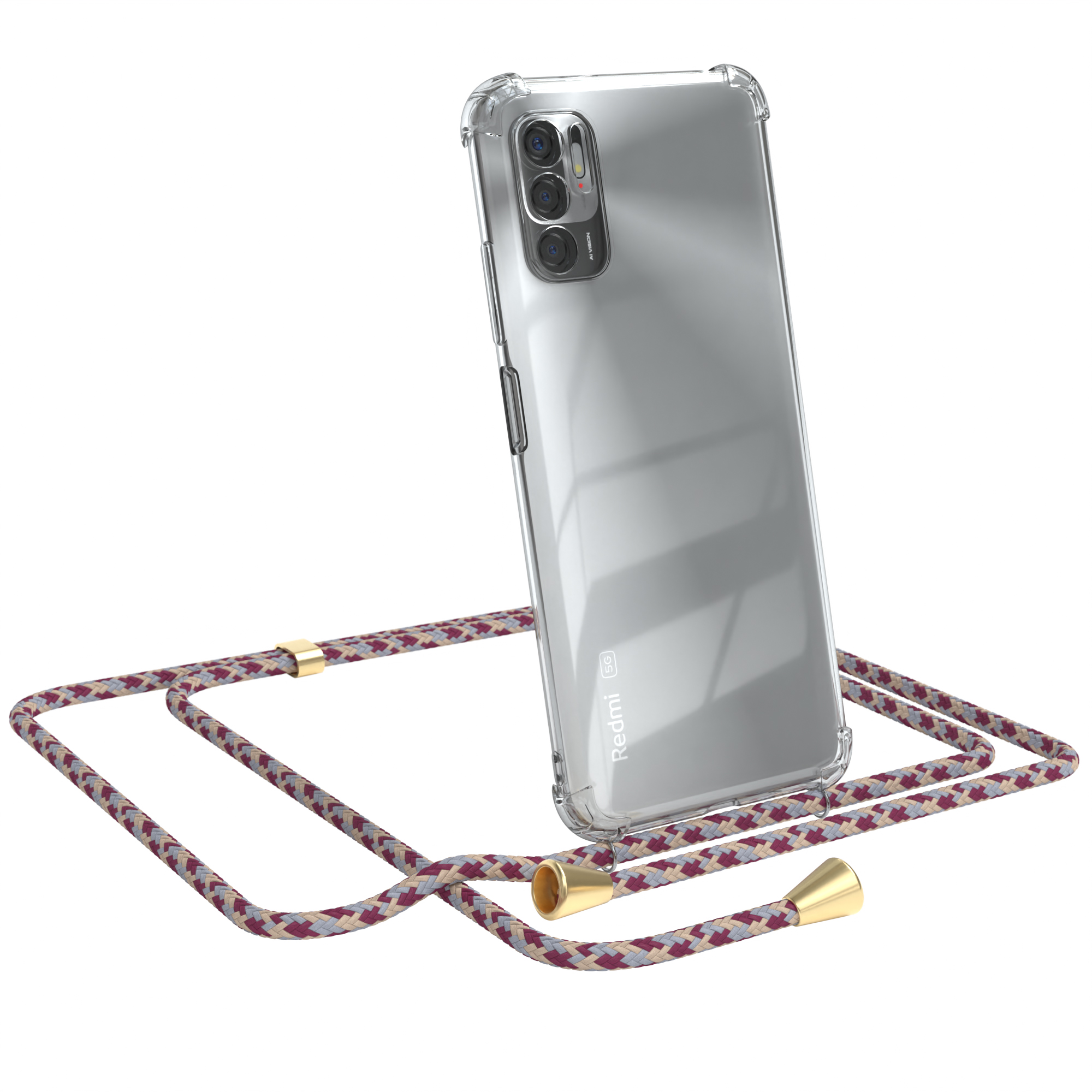 Eine transparente Handyhülle auf einem Redmi-Telefon mit einer gemusterten Schnur.