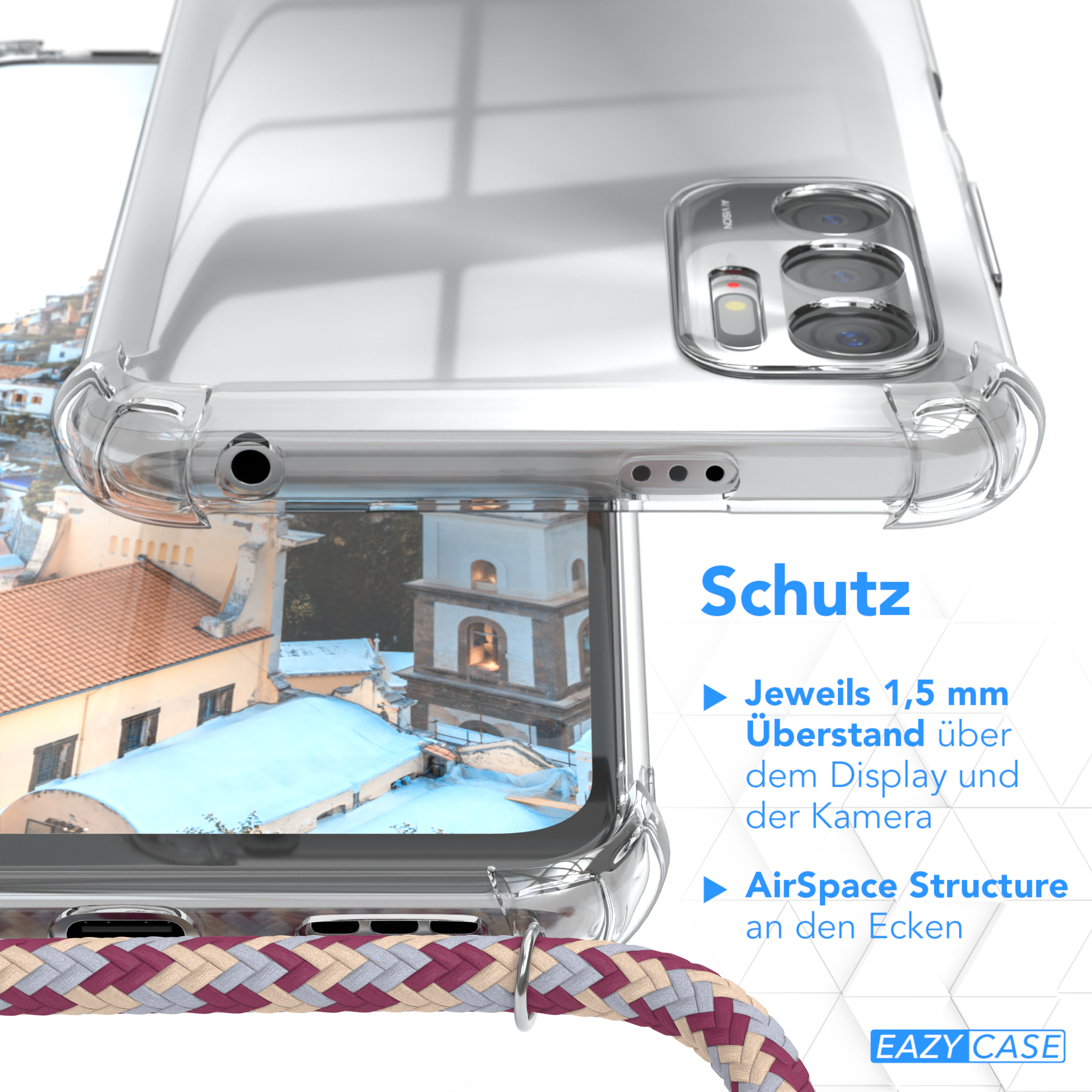 Nahaufnahme einer Handyhülle mit Text. Details zur Hülle. Die Hülle zeigt einen unscharfen Hintergrund.