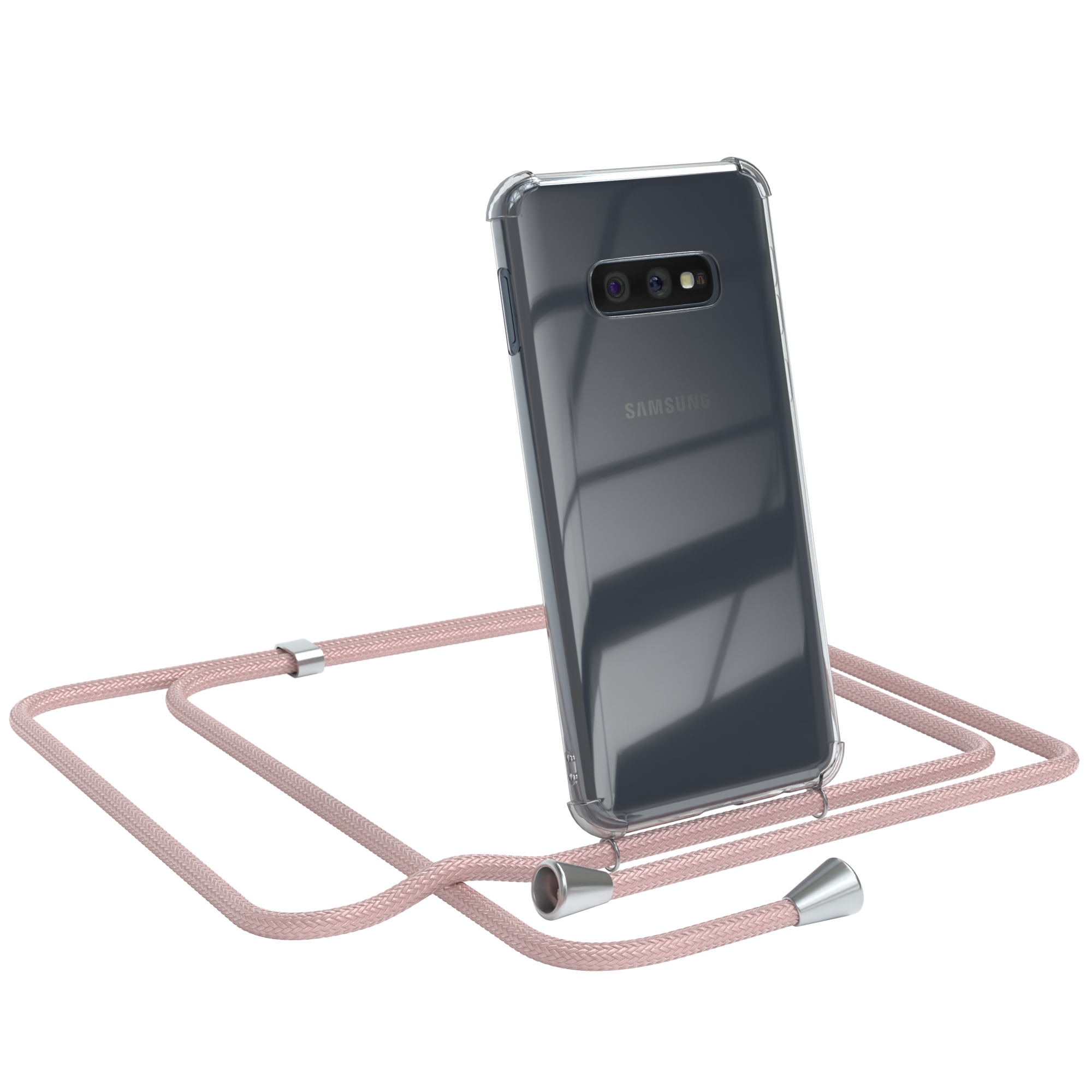 Transparente Handyhülle mit hellrosa Umhängeband. Telefon vor weißem Hintergrund.