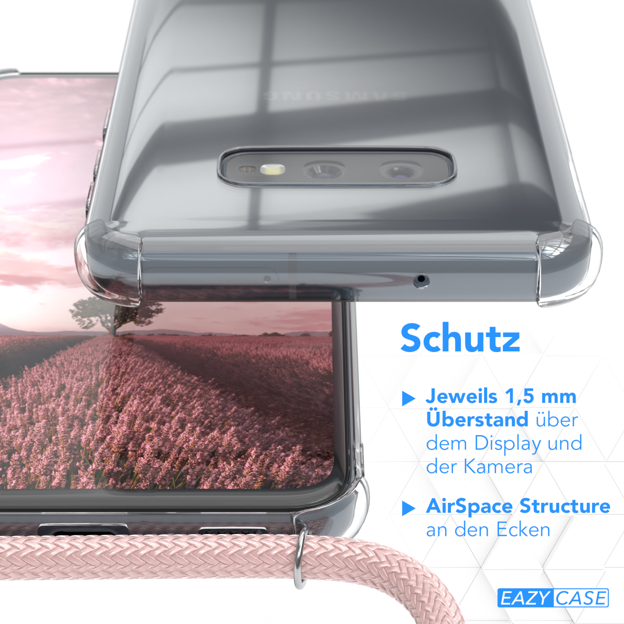 Telefongehäusedetail. Klare Hülle schützt das Telefon. Rosa Kordel.