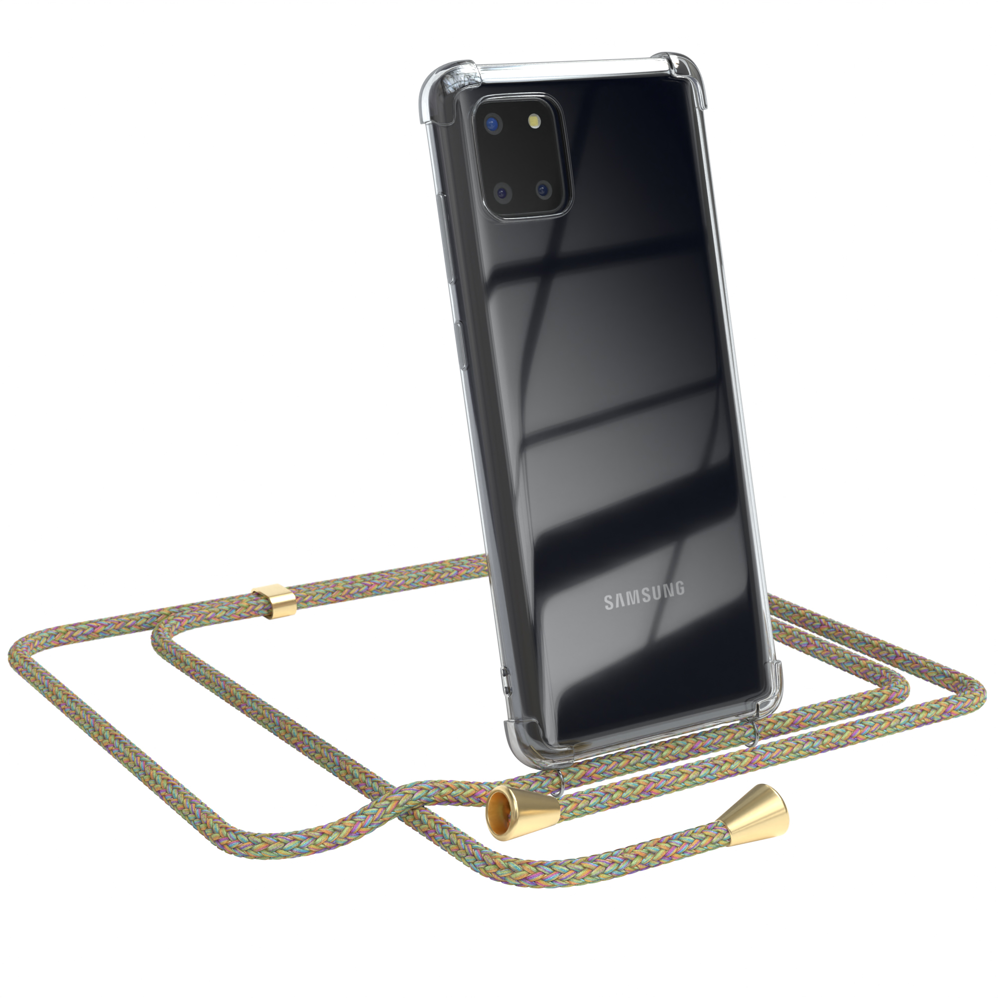 Telefon in klarer Hülle mit mehrfarbigem Umhängeband.