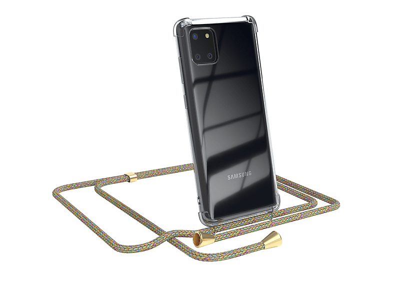 EAZY CASE Clear Cover mit Umhängeband, Umhängetasche, Samsung, Galaxy Note 10 Lite, Bunt / Clips Gold