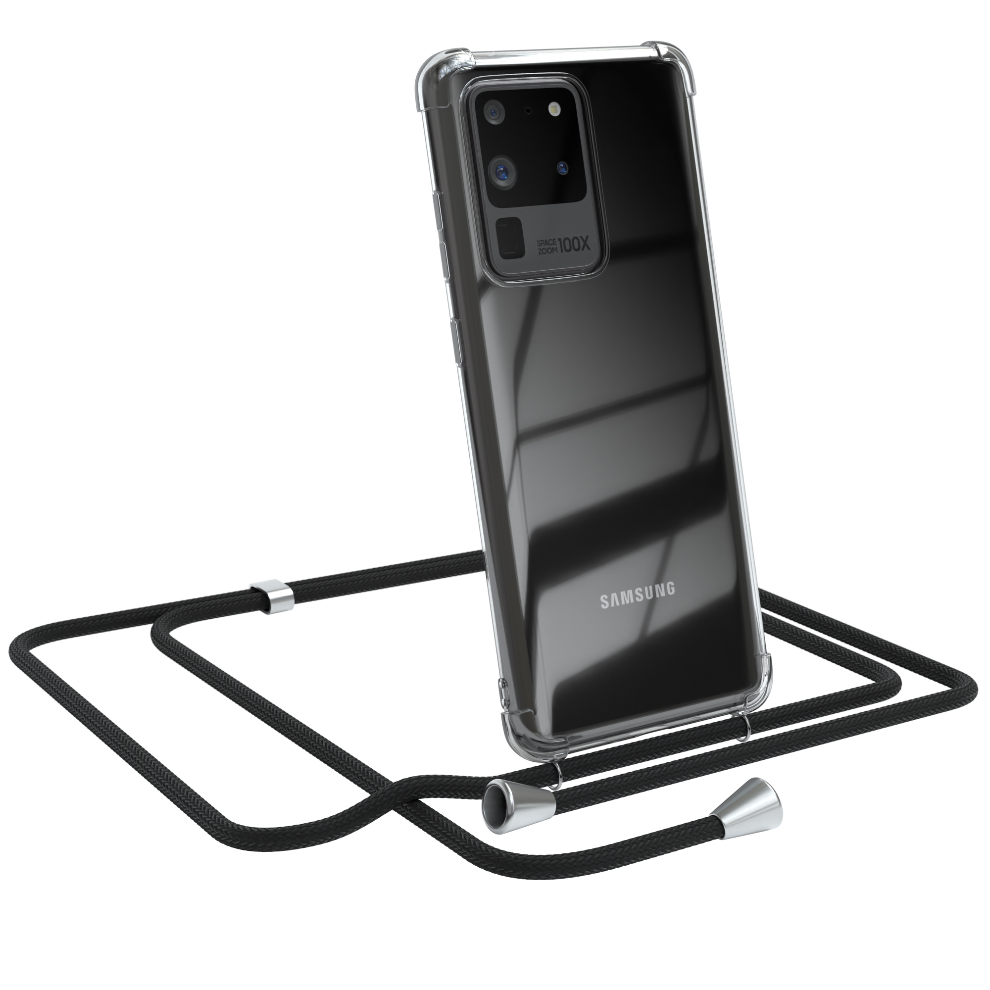 Klare Handyhülle mit schwarzem Kabel. Das Telefon ist schwarz und zeigt den Text: SAMSUNG.