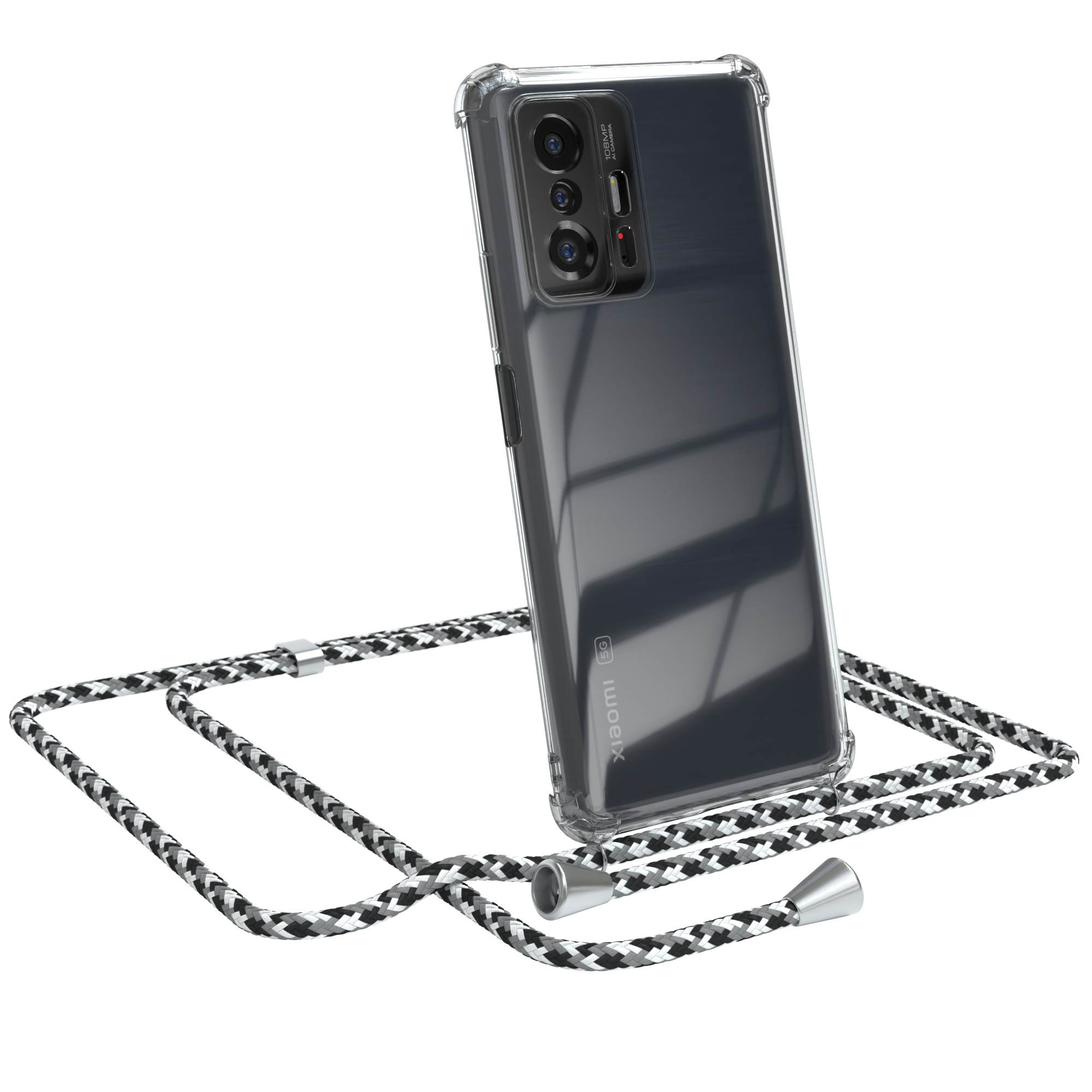 Ein Telefon in einer durchsichtigen Hülle mit einem schwarz-weißen Umhängeband. Weißer Hintergrund.