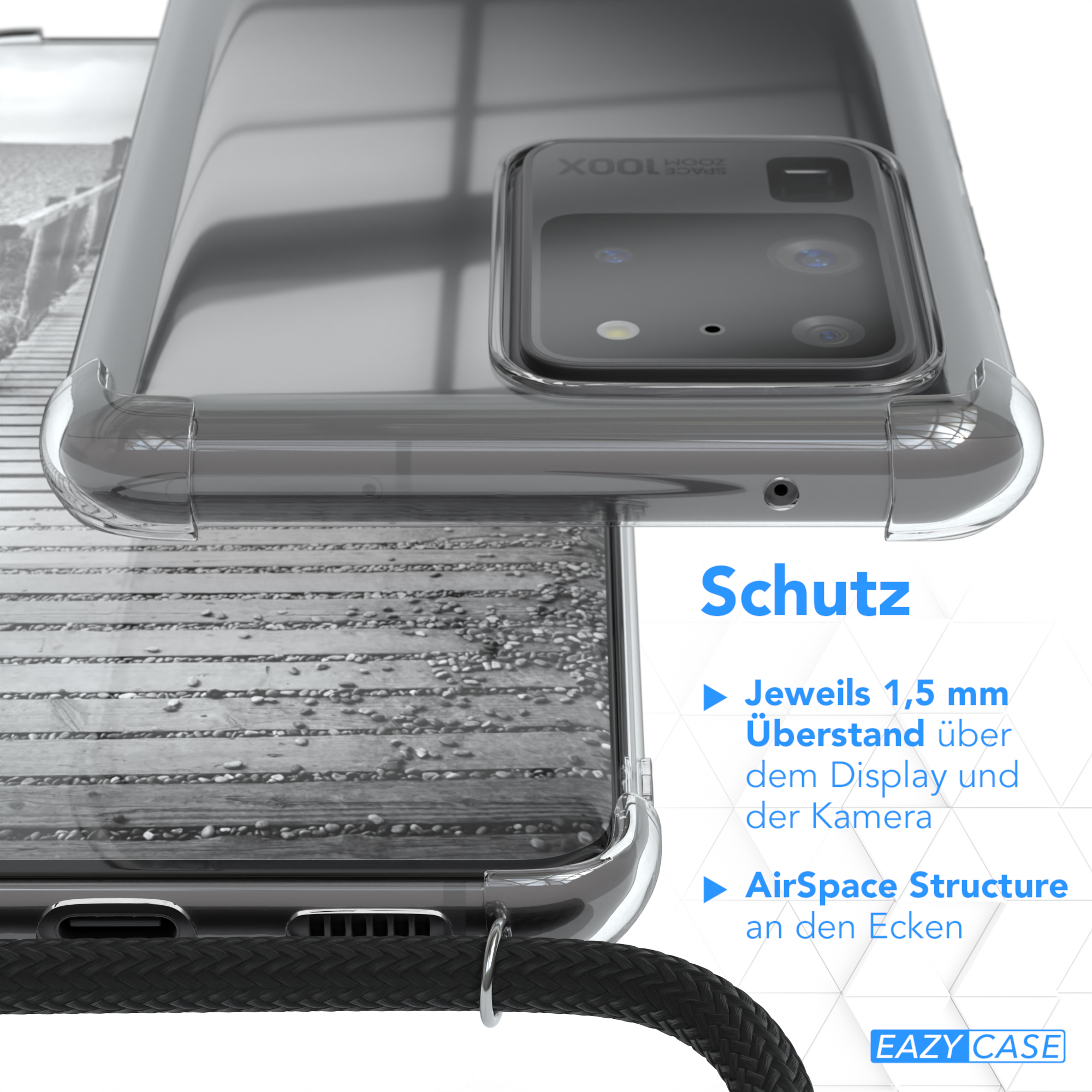 Transparente Handyhülle auf Holz. Details zeigen Kamera und Kanten des Telefons.