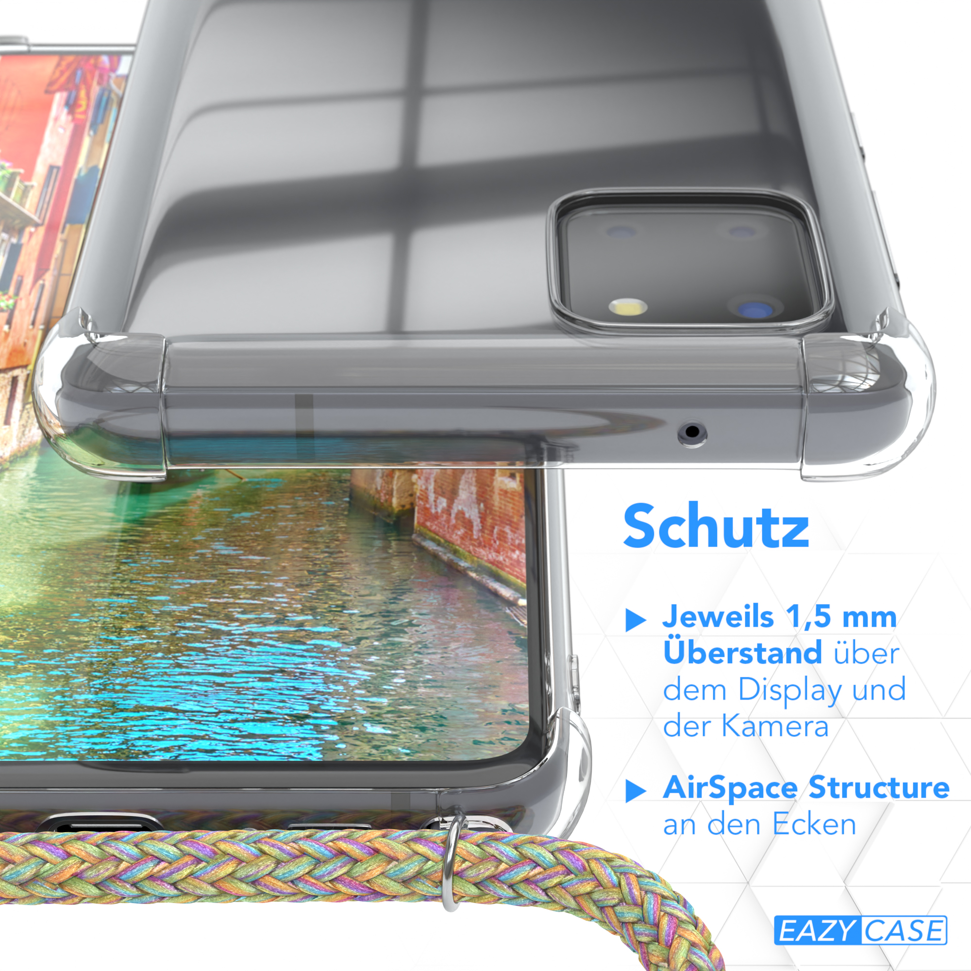 Nahaufnahme einer transparenten Handyhülle auf einem Telefon. Der Hintergrund ist ein Kanal mit Gebäuden.