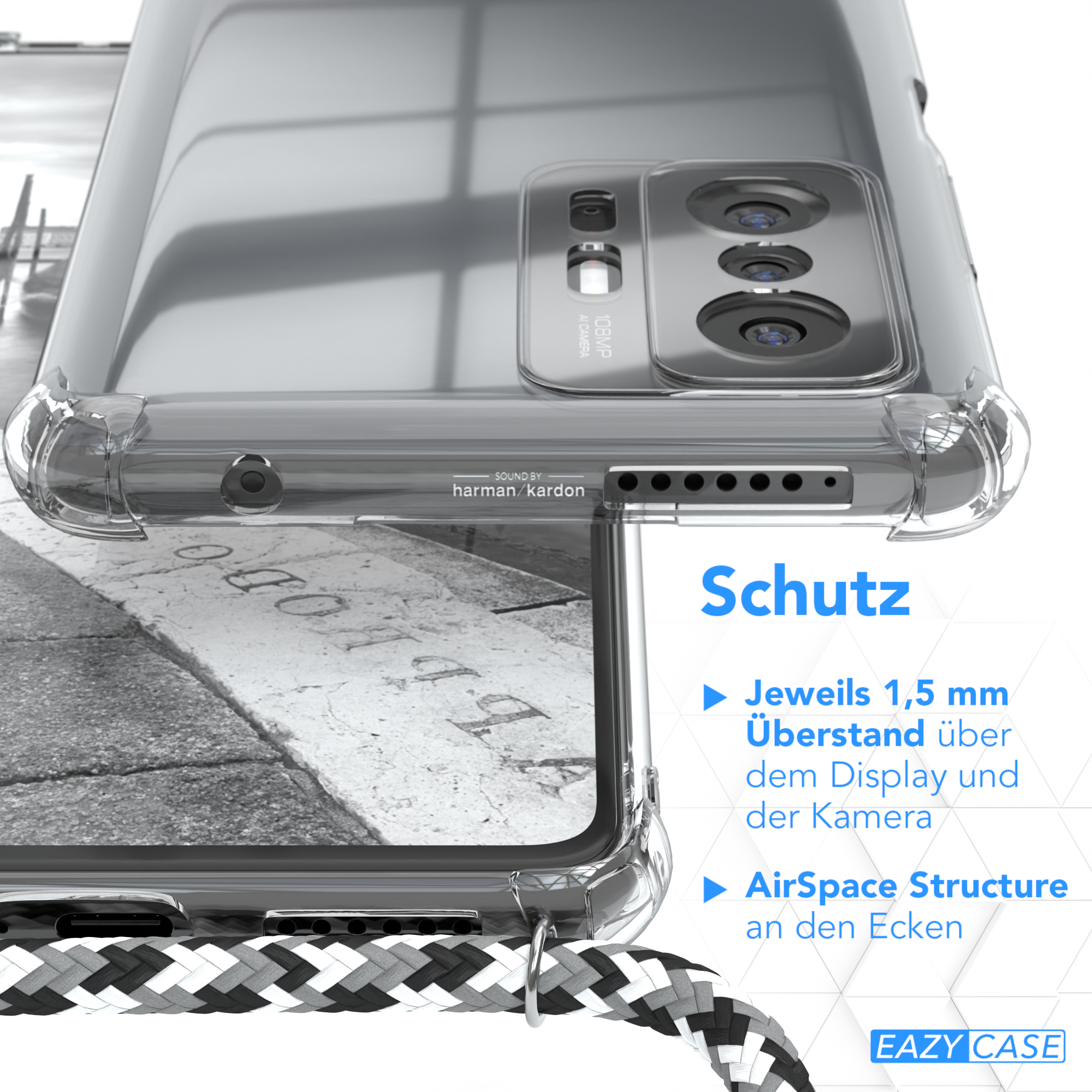 Klare Handyhülle im Nahaufnahme. Das Gehäuse hat ein transparentes Design mit Schutzfunktionen.