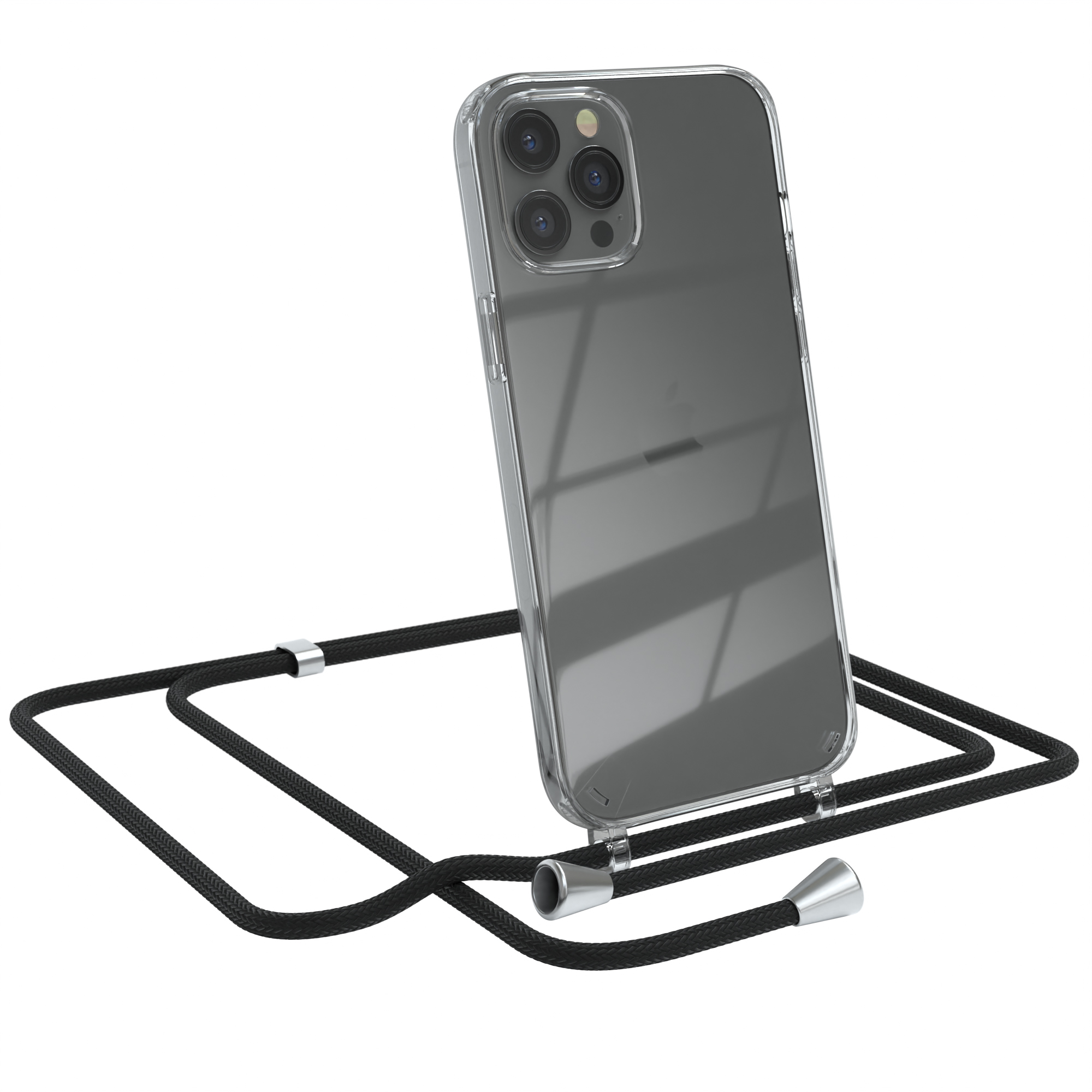 Transparente Handyhülle mit schwarzem Riemen. Ein iPhone ist sichtbar.