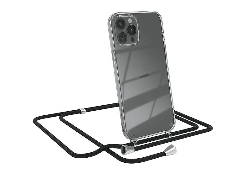 EAZY CASE Clear Cover mit Umhängeband, Umhängetasche, Apple, iPhone 12 Pro Max, Schwarz / Clips Silber