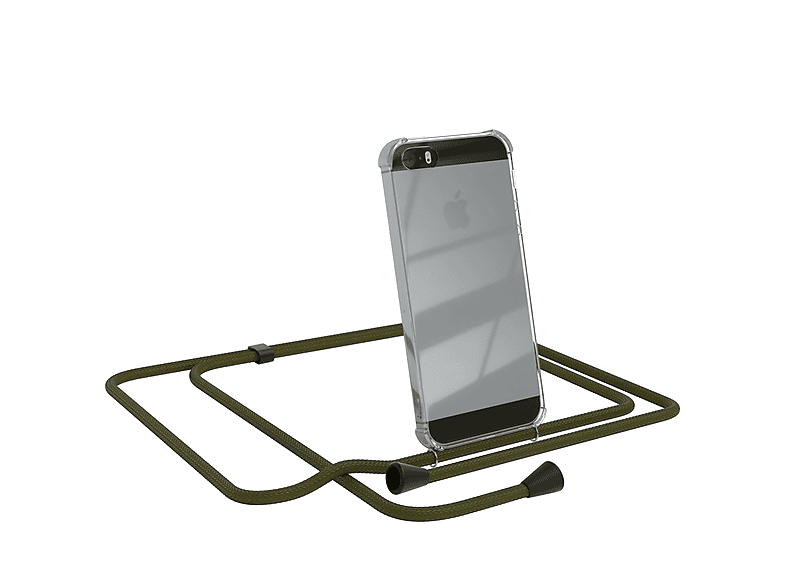 EAZY CASE Clear Cover mit Umhängeband, Umhängetasche, Apple, iPhone SE 2016, iPhone 5 / 5S, Olive Grün