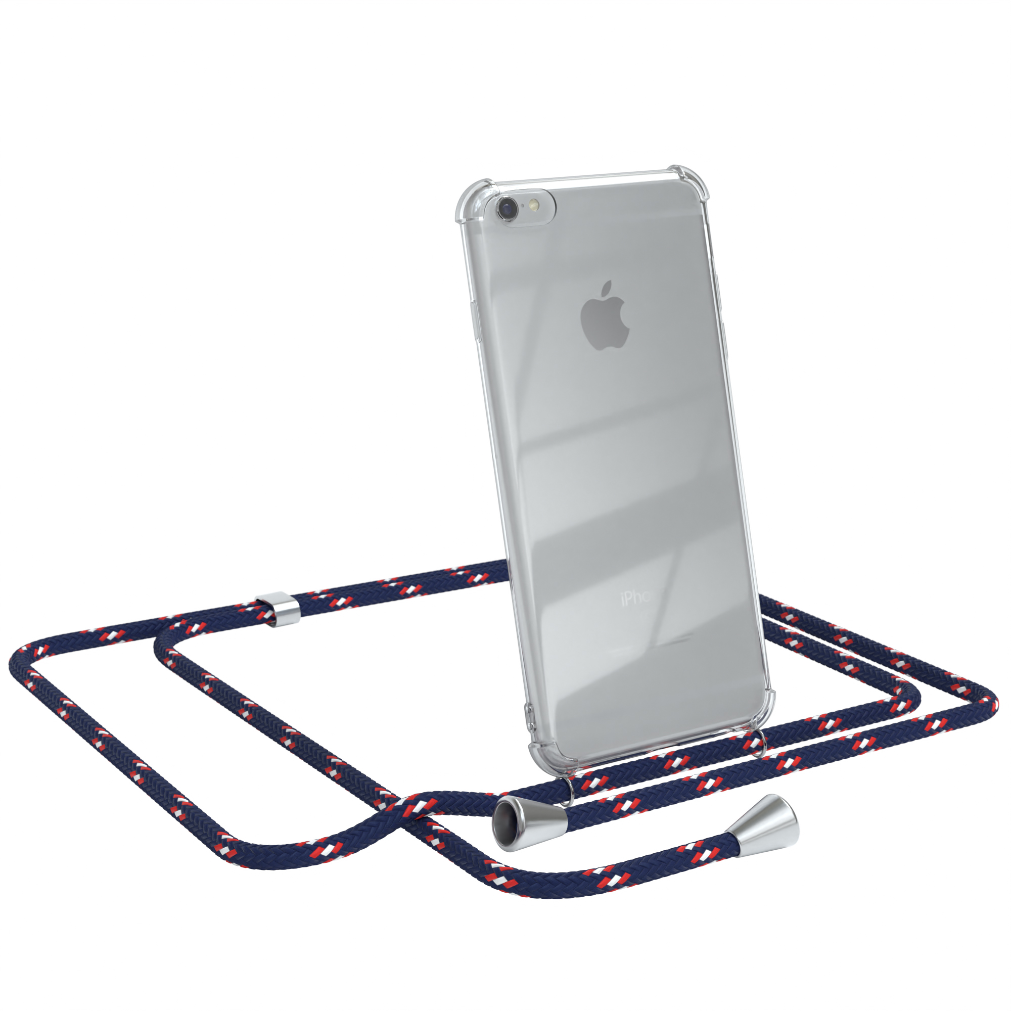 Ein Apple iPhone in einer transparenten Hülle mit einem blau-roten Kabel. Das Kabel hat silberne Akzente.