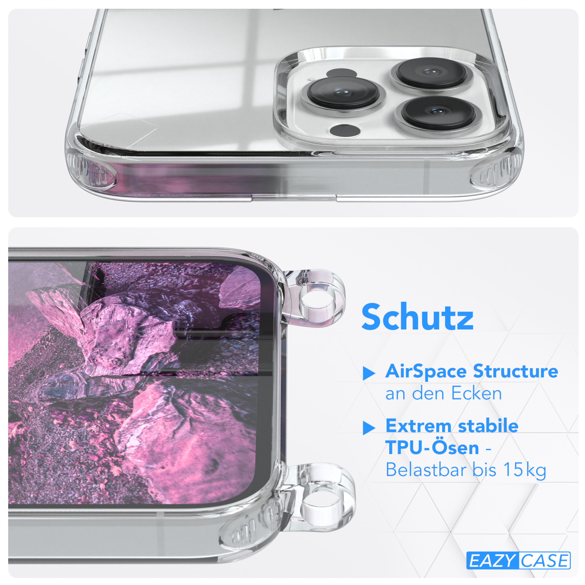EAZY CASE Clear 13 Umhängetasche, Umhängeband, iPhone mit Apple, Clips Lila Silber Cover Pro Max, 