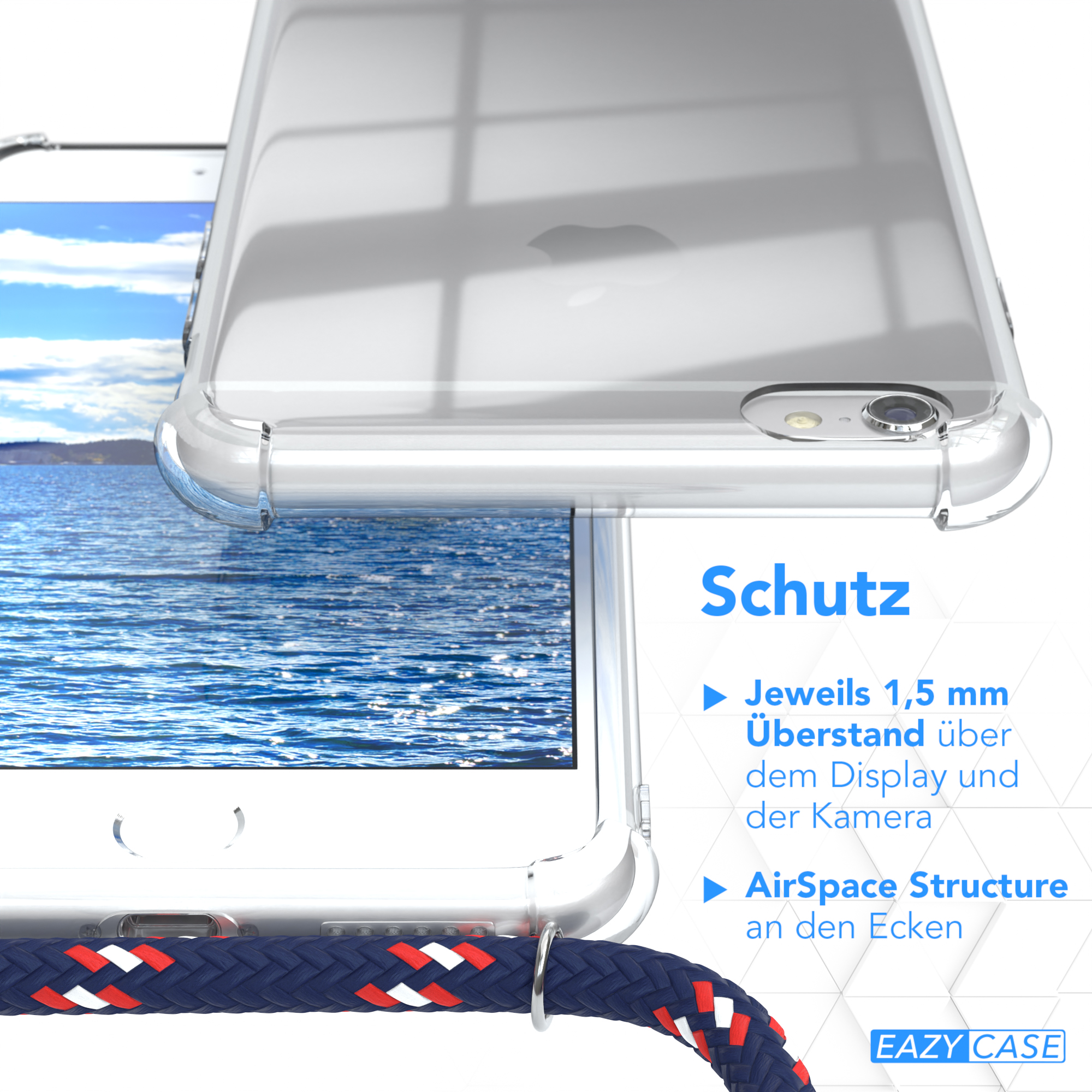 Umhängeband, Blau Camouflage Cover CASE Clips Apple, EAZY iPhone Umhängetasche, mit Clear / 6 / Silber 6S,