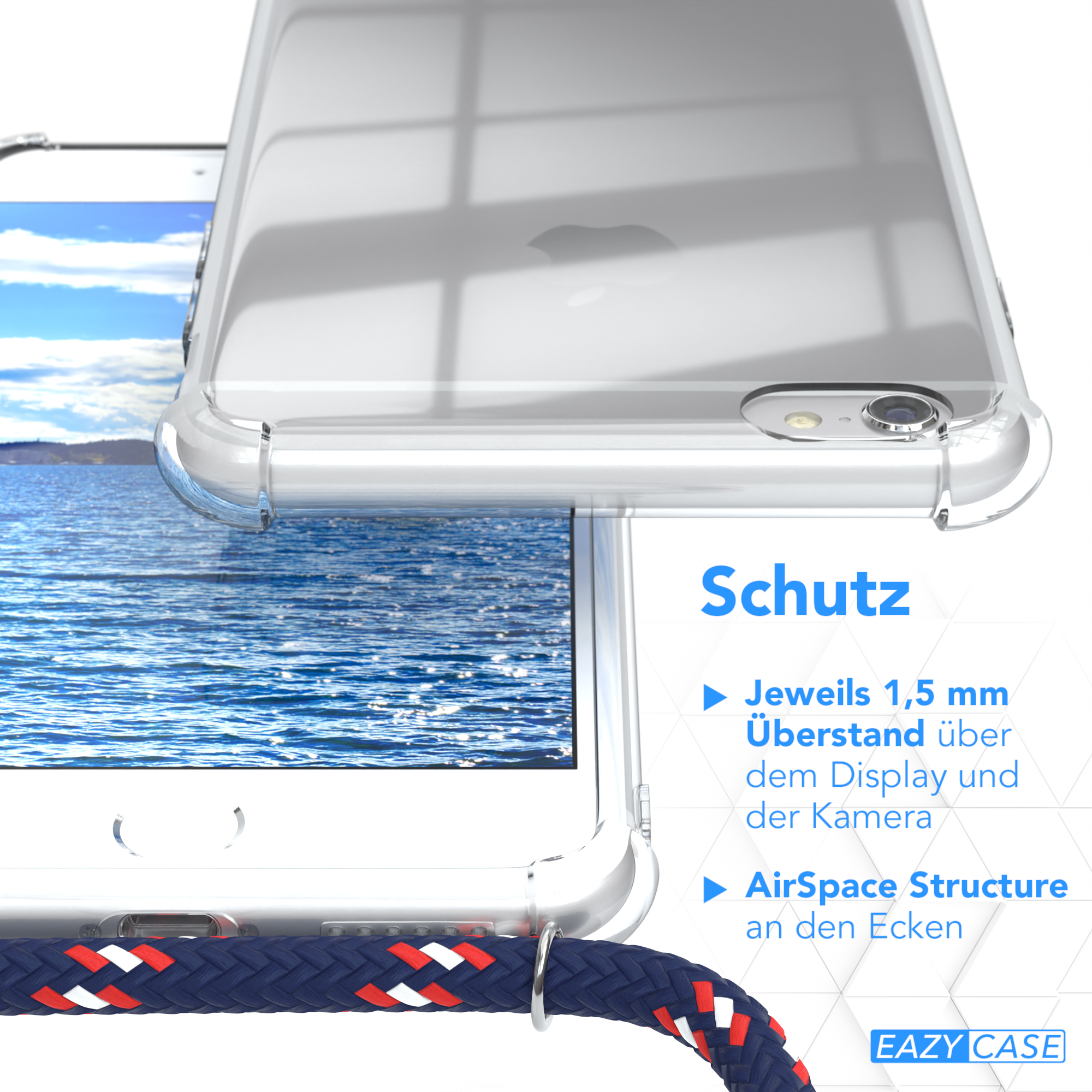 Klare Handyhülle über einem Telefon. Blaue und weiße Schnur am Boden. Text mit blauen Pfeilen.