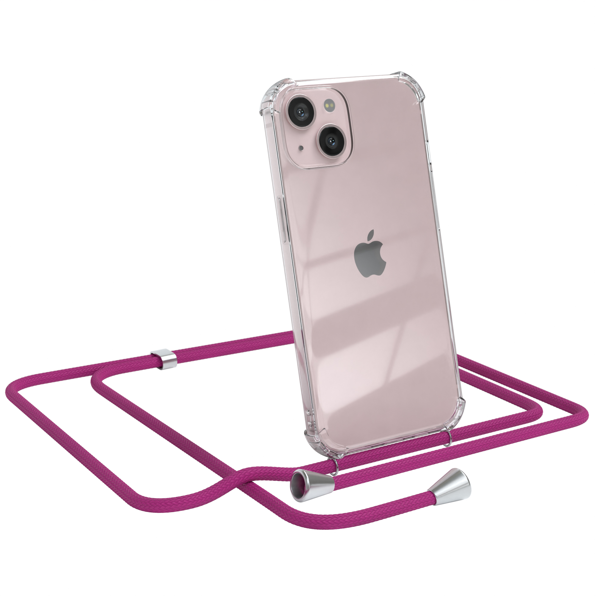 Transparente Handyhülle mit rosa Kordel. Das Telefon ist rosa und hat ein Apple-Logo.