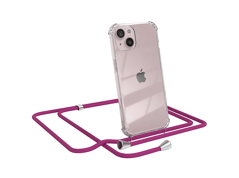 EAZY CASE Clear Cover mit Umhängeband, Umhängetasche, Apple, iPhone 13, Pink / Clips Silber