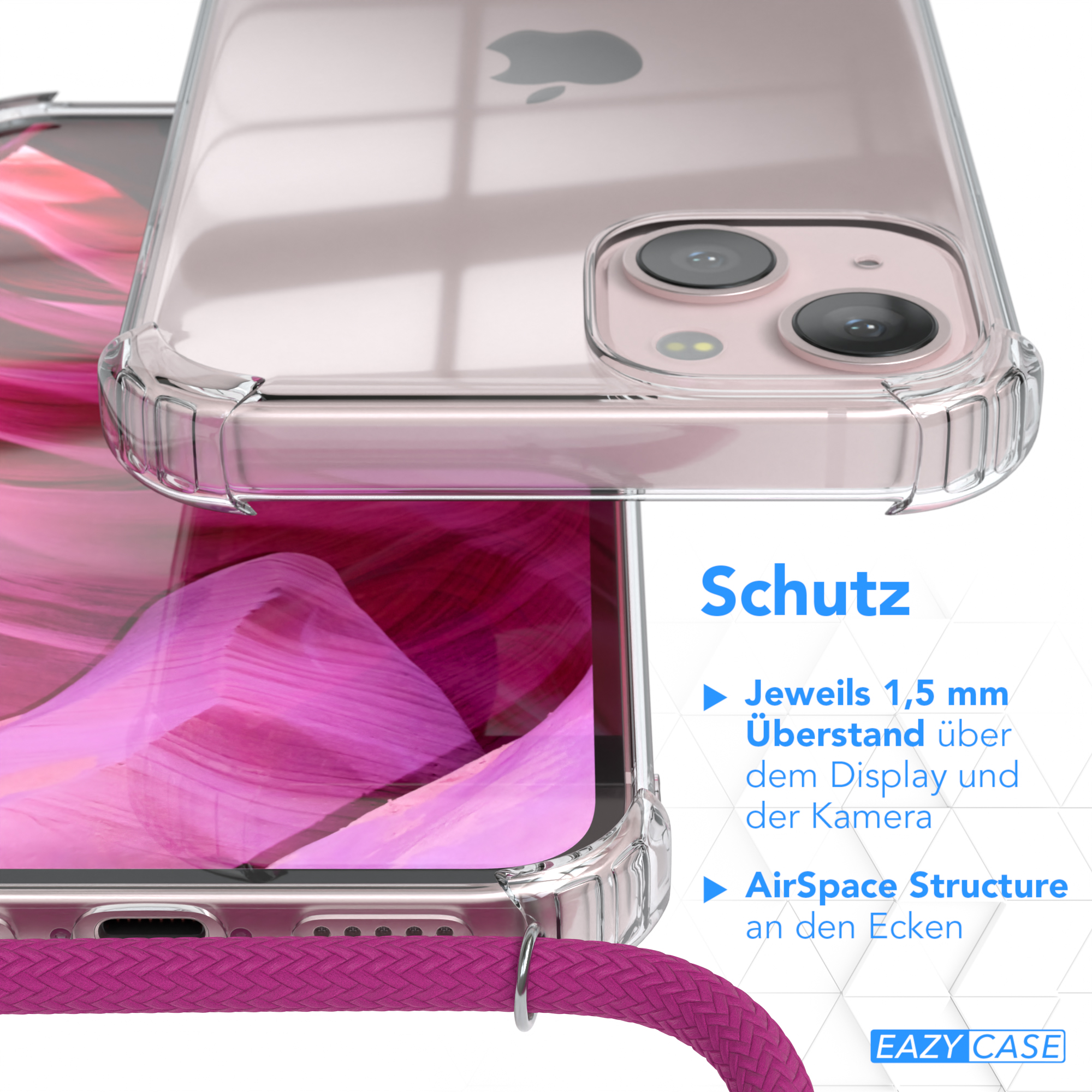 Nahaufnahme eines Telefons in einer transparenten Hülle. An der Hülle ist ein pinkfarbenes Kabel befestigt.